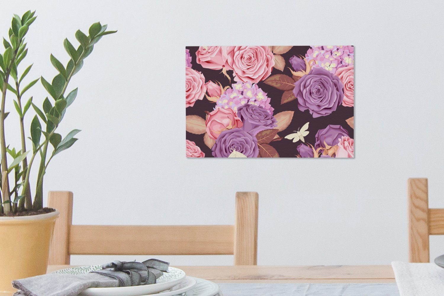 Leinwandbilder, OneMillionCanvasses® Rosa, cm Wandbild Blumen - Lila Aufhängefertig, - Leinwandbild (1 Wanddeko, Schmetterlinge St), - 30x20