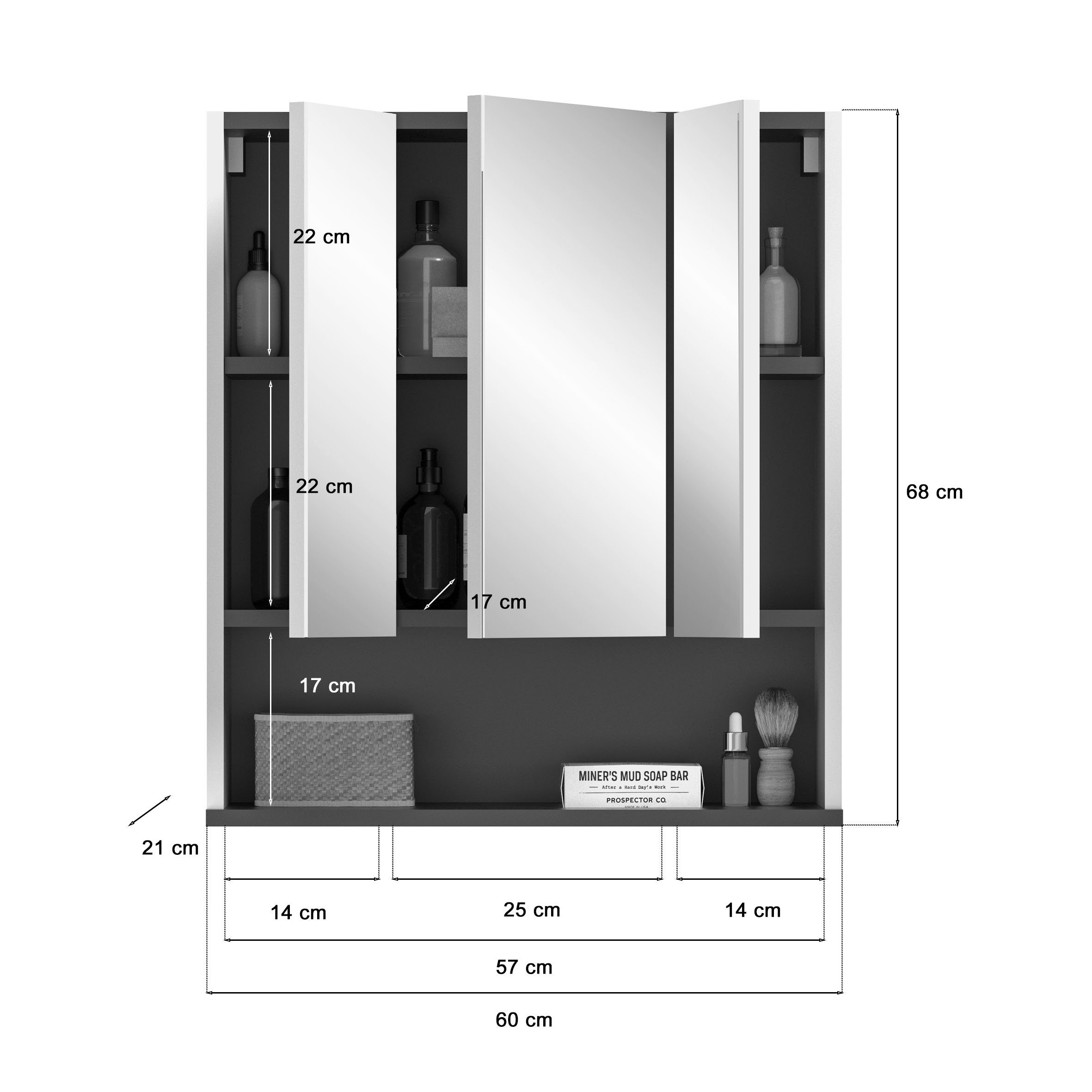 Türen und 7 60x68x21 möbelando weiß/anthrazit Rocket Fächern 3 (BxHxT: in mit cm) Badezimmerspiegelschrank