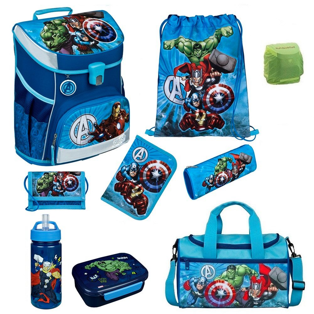 Scooli Schulranzen Campus Fit Avengers Schulranzen für 1.-4. Klasse - 980 Gramm - 18L Vol (Set, 9-tlg., inkl. Federmappe und Sporttasche), Marvel AVENGERS Iron Man Hulk Thor Captain America