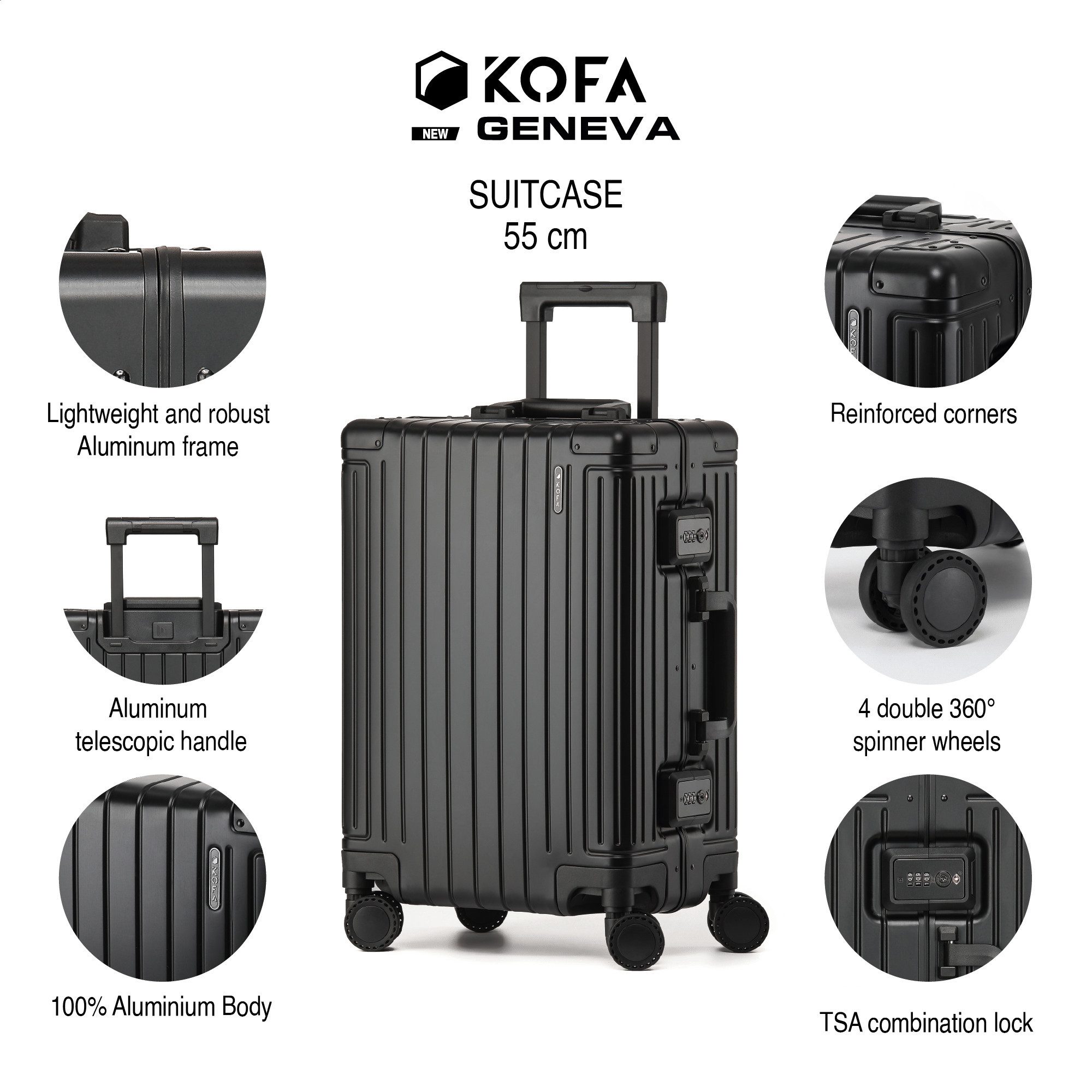 KOFA Handgepäckkoffer GENEVA, 55cm 100% Aluminium Hartschale, 4 Rollen, TSA Schloss