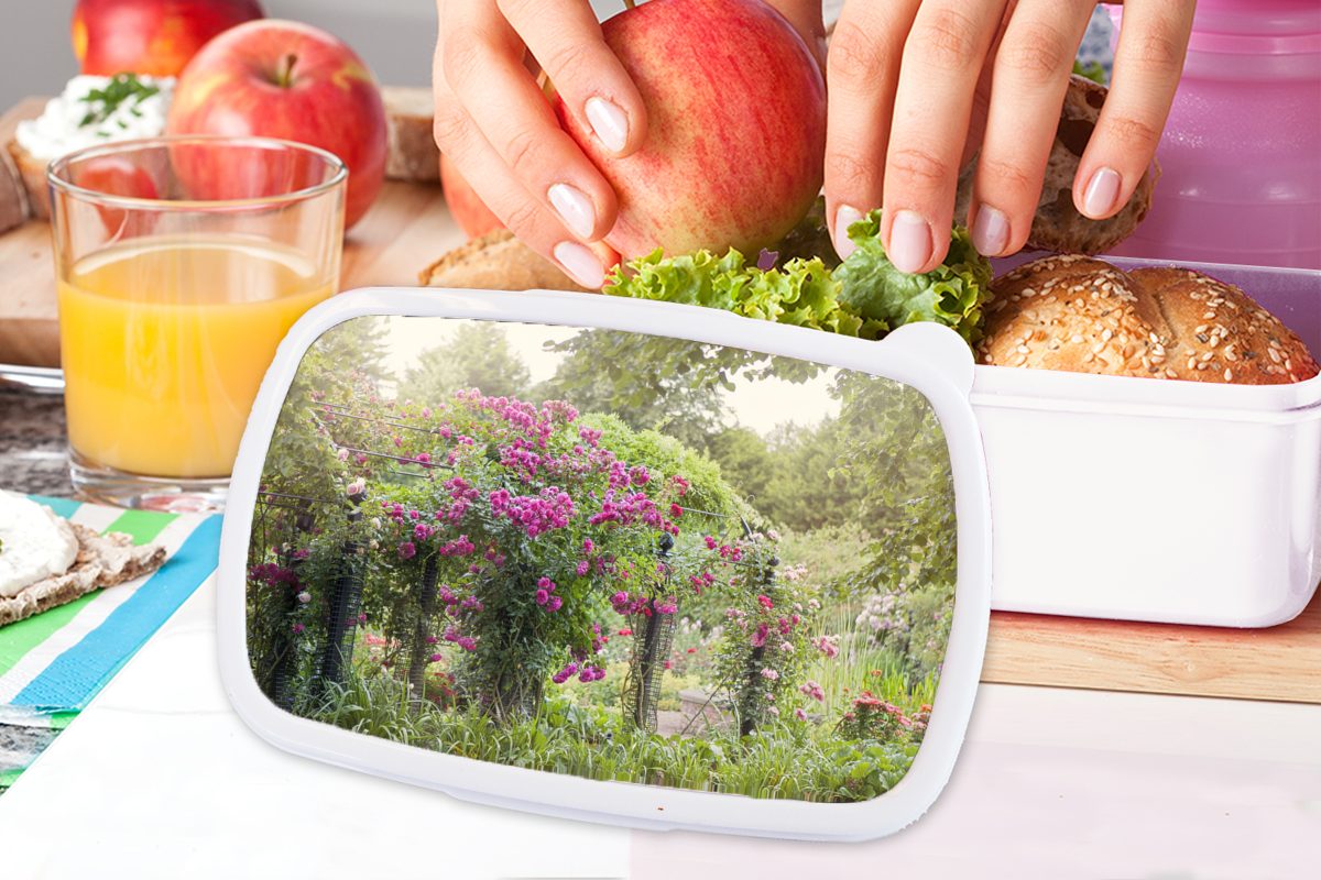 rosa Rosen der Brotdose, Wildnis, Kunststoff, und Brotbox weiß und für Erwachsene, Pflanzen Hübsche wachsen Kinder MuchoWow Jungs für wie Mädchen in Lunchbox (2-tlg),