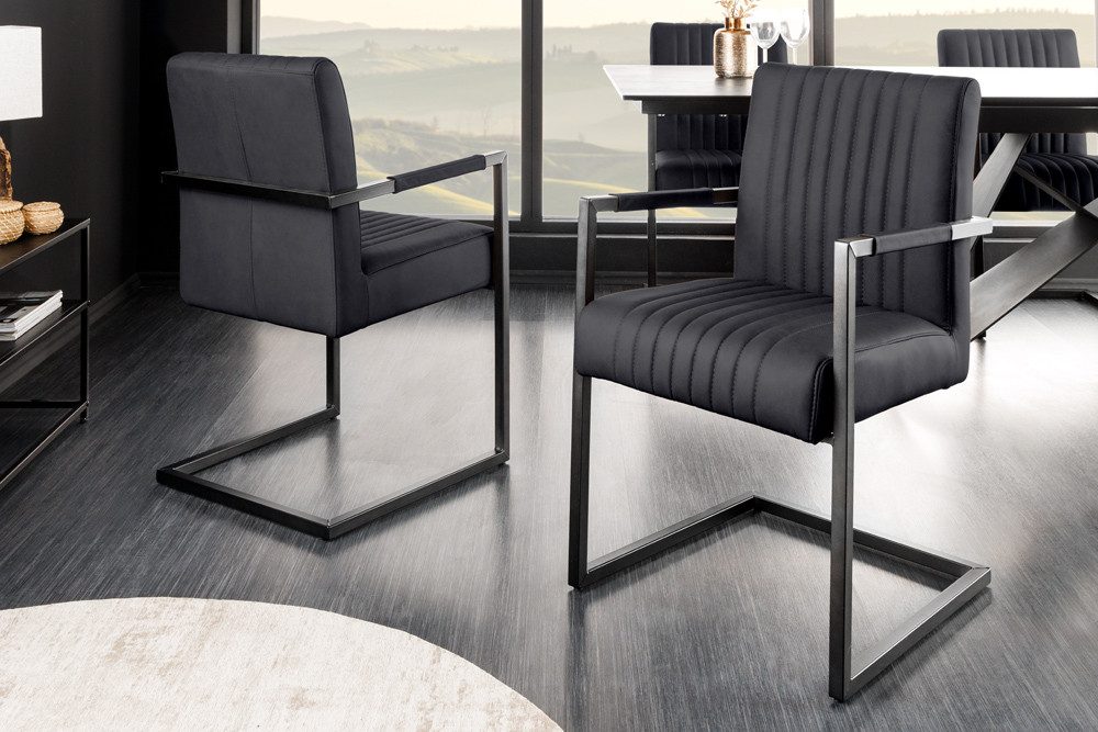 riess-ambiente Freischwinger BIG ASTON schwarz – Echtleder, Taschenfederkern, Metall (Einzelartikel, 1 St), inkl. Armlehne für hohen Sitzkomfort – ideal für Dein Loft-Esszimmer