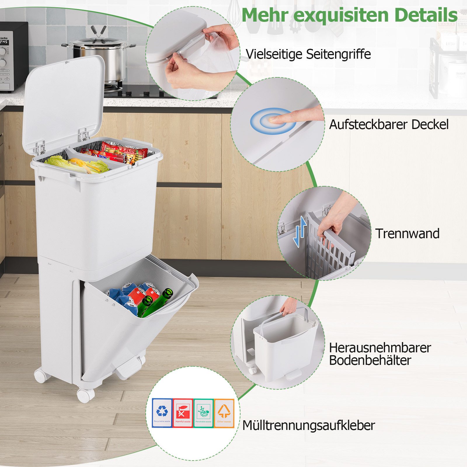 COSTWAY Mülleimer, 40L Abfalleimer Küche, Tretmülleimer auf Rädern