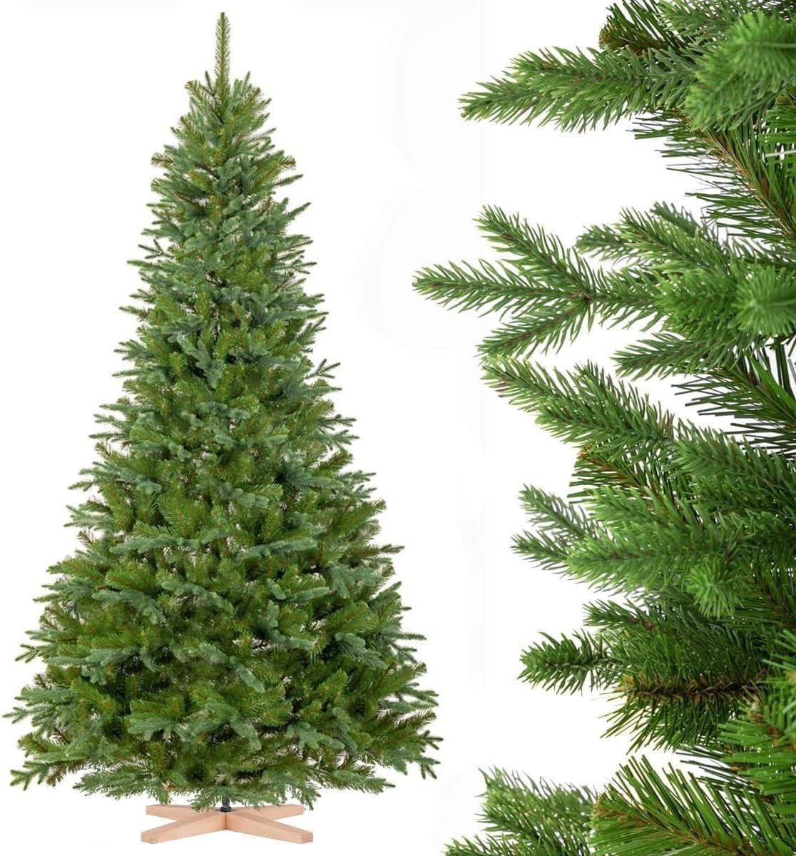 Fairytrees Künstlicher Weihnachtsbaum FT25, Nordmanntanne Edel, aus PU und PVC mit Echtholz Baumständer