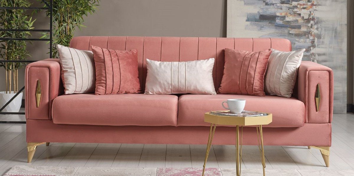 Casa Padrino Schlafsofa »Luxus Schlafsofa Rosa / Gold 222 x 93 x H. 87 cm -  Wohnzimmer Sofa mit 5 Kissen - Luxus Wohnzimmer Möbel«