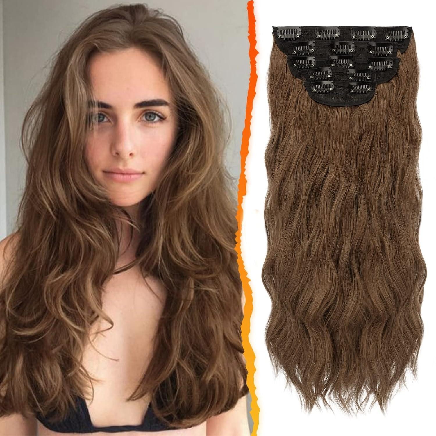 Kunsthaar-Extension Clip in Haarverlängerungen 5 PCS Lange Wellige Extensions Natur