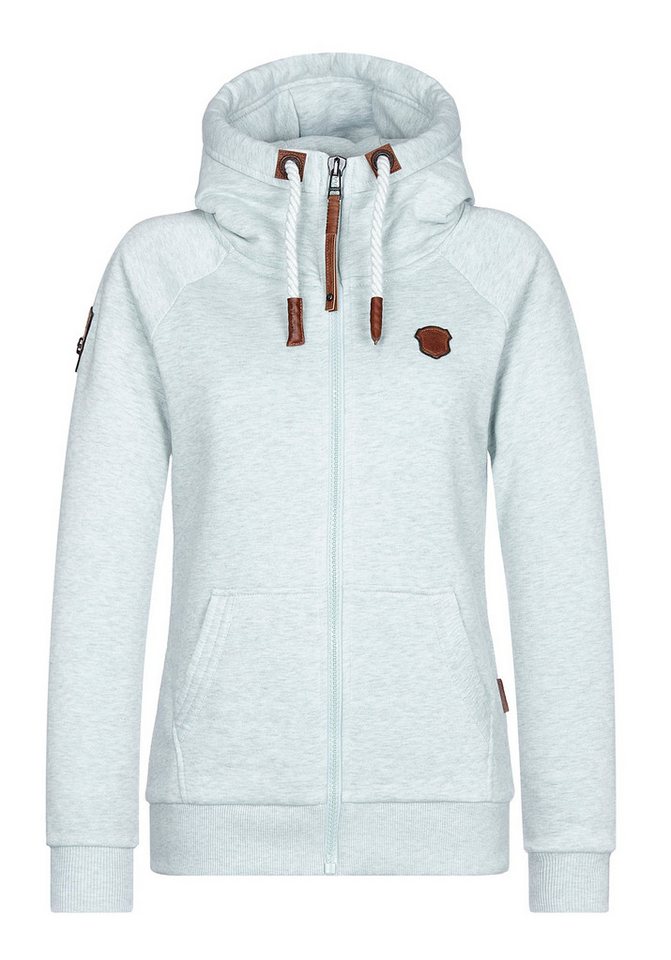 naketano Sweatjacke Damen mit Kapuze, Kängurutasche, tailliert, melierte Sweatware, Raglan Kordelzug, Rippbündchen, Kunstleder-Logo, casual, Streetwear, Langarm