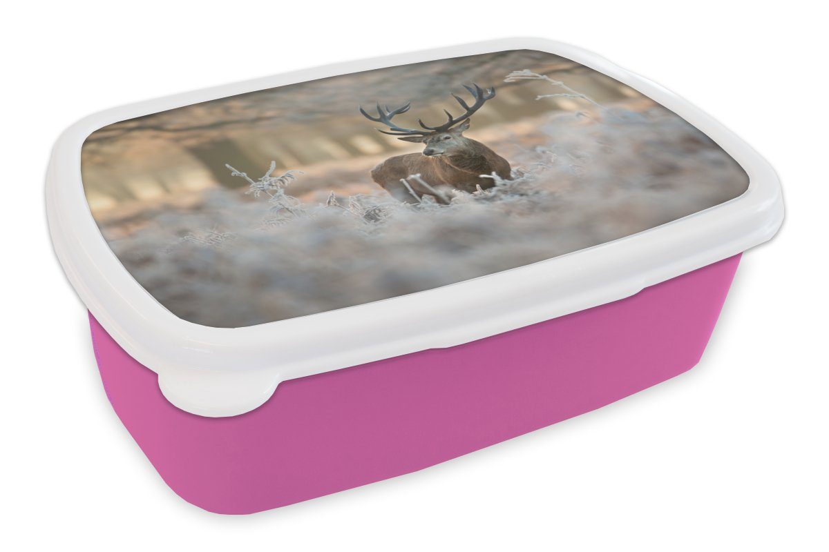 Hirsche Kinder, Kunststoff, für Erwachsene, - Lunchbox rosa Snackbox, (2-tlg), - Mädchen, Brotdose Kunststoff MuchoWow Tiere Winter, Brotbox