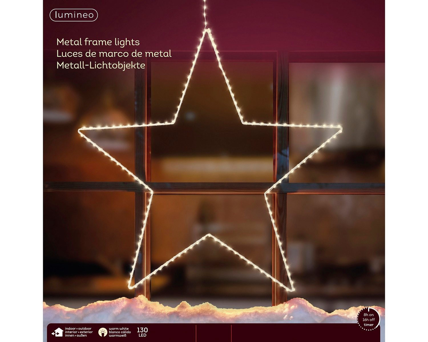 Lumineo LED Stern LED Metall-Stern 130 LED 38 cm warm weiß, zum Aufhängen, Timer, Warmweiß, 8h-Timer, Indoor/Outdoor, IP44-Schutz, kabelgebunden