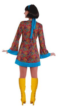 Karneval-Klamotten Hippie-Kostüm Damenkostüm Flower Power 60er Jahre, Kleid türkis-bunt, V-Ausschnitt, mit Haarband