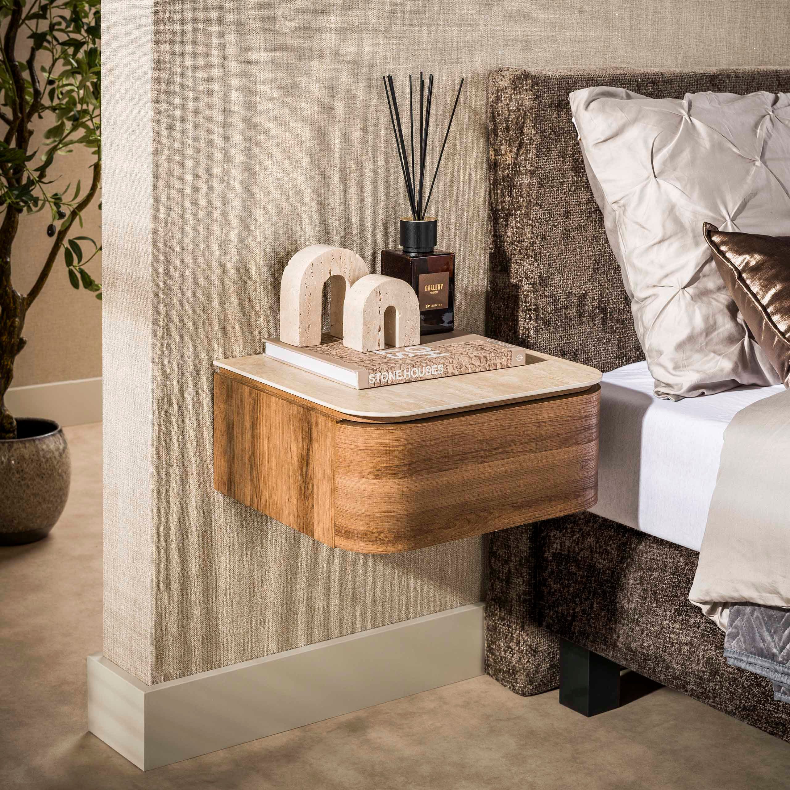 Maison ESTO Nachttisch VELANO schwebend 45 cm 1 Schublade 3D Keramikplatte Travertinoptik, schwebendes Design - einfach Wandmontage - Eichenholzoptik