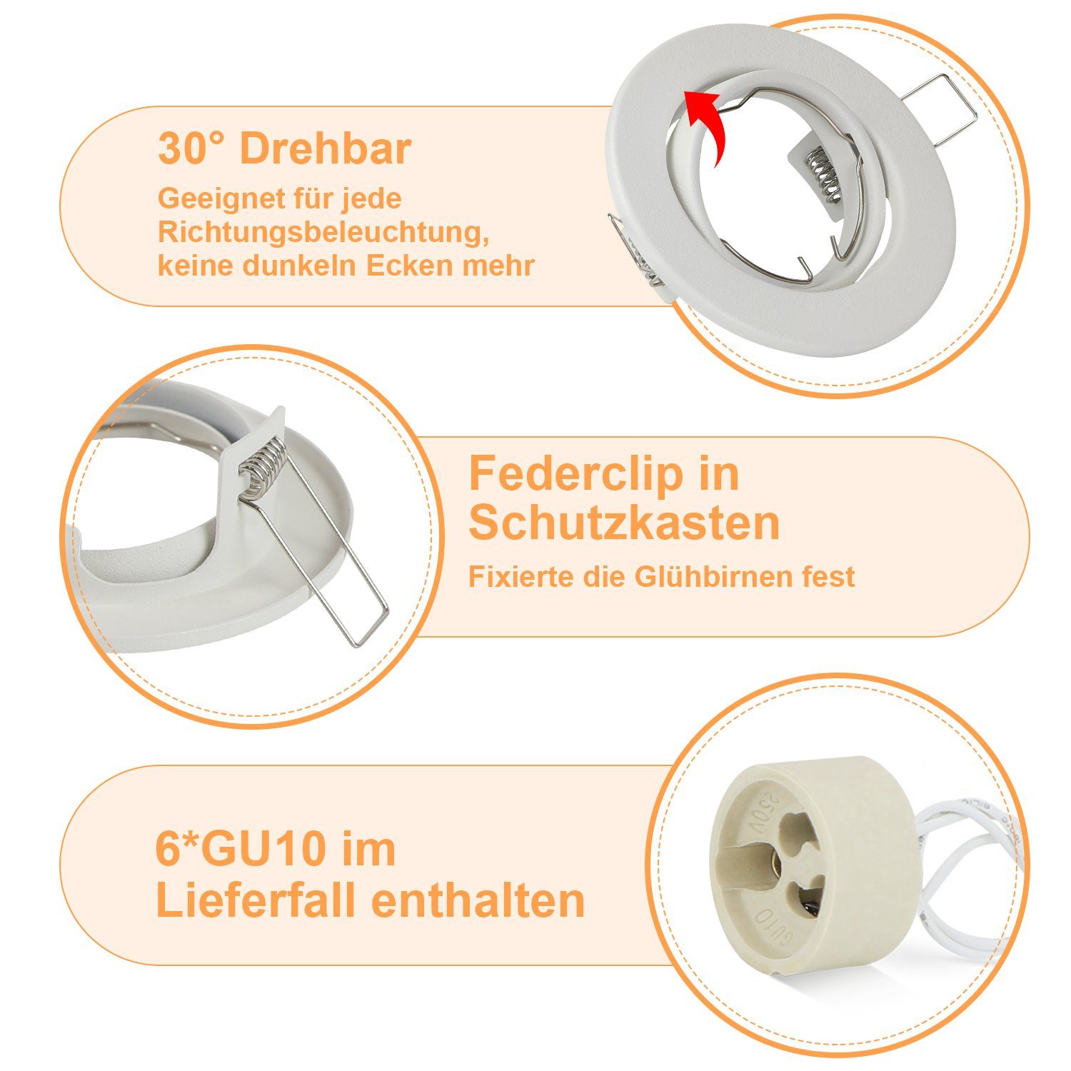 Glitzerlife 6er Einbaurahmen GU10 Set - Weiß Einbaustrahler Mit Sockel Lochdurchmesser 50mm Einbauspots Rund Metall Schwenkbar 30° Für LED Leuchtmittel Halogen_voghion.com