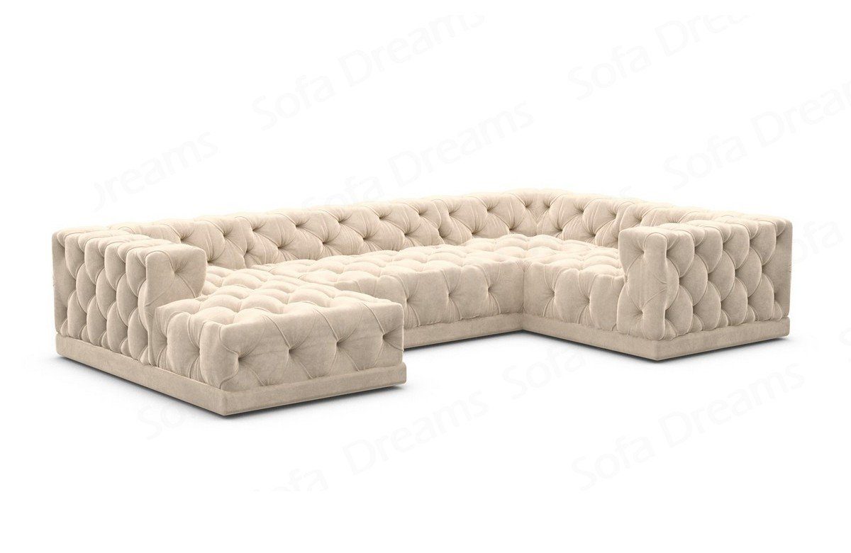 Stoff Stil Samtstoff Chesterfield Sofa Stoffsofa, U Loungesofa, Palma Sofa beige02 Dreams Form Wohnlandschaft Designer