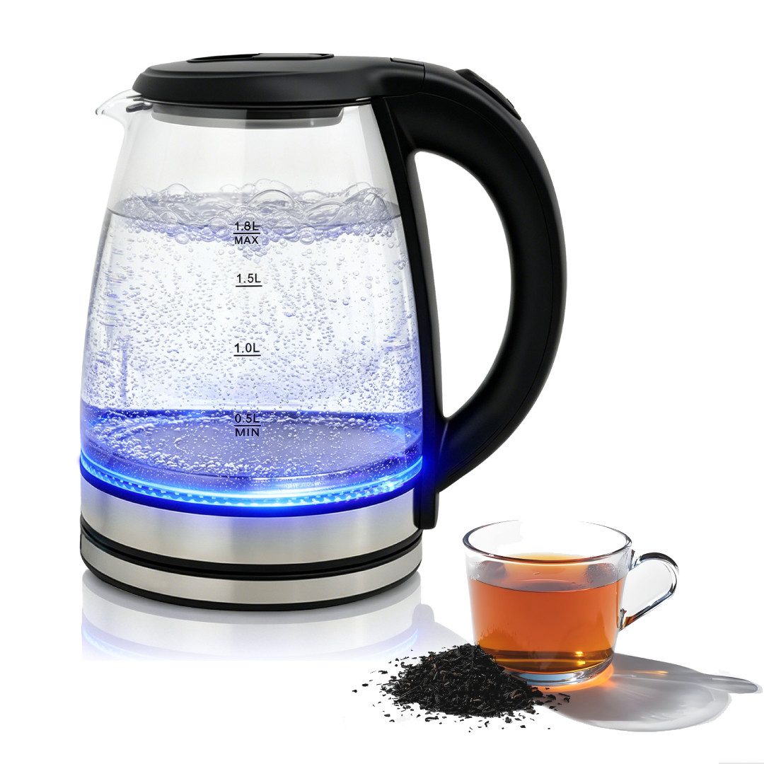 OZAVO Wasserkocher Glas 1,8L 1500Wmit LED-Beleuchtung 360° Edelstahl Sockel, 1500 W, Trockenlaufschutz & Abschaltautomatik, 100% BPA Frei