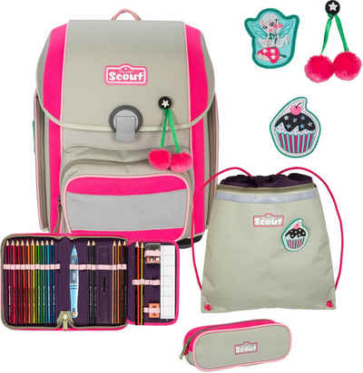 Scout Ранці Genius, Pink Cherry (Set, 5-tlg), mit 3 Funny Snaps; enthält recyceltes Material