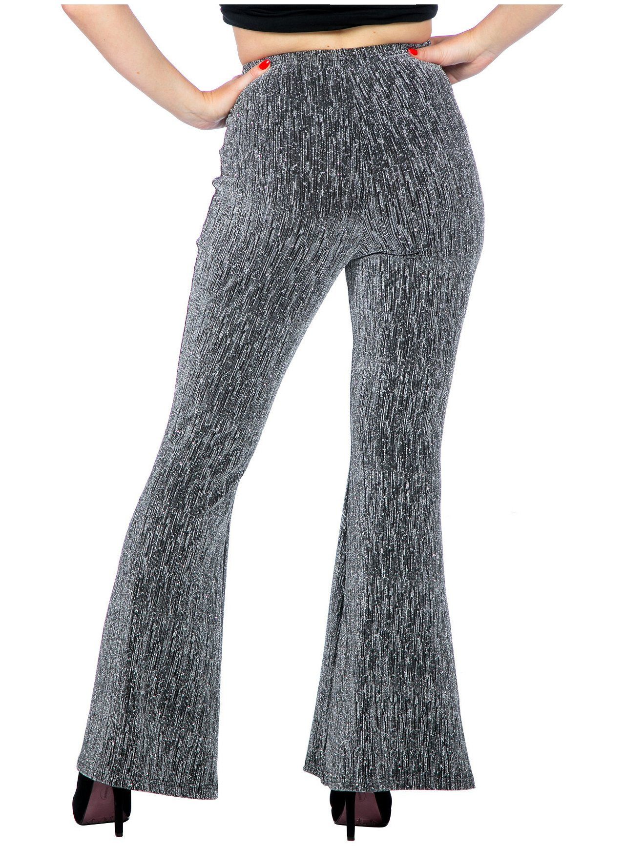 Metamorph Kostüm Glitzer Leggings mit Schlag silber, Hautenge Schlaghose im Disco-Style