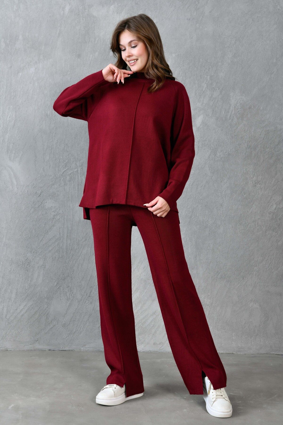 Blusentop Strickset bestehend aus einem langärmeligen Pullover mit Stehkragen un