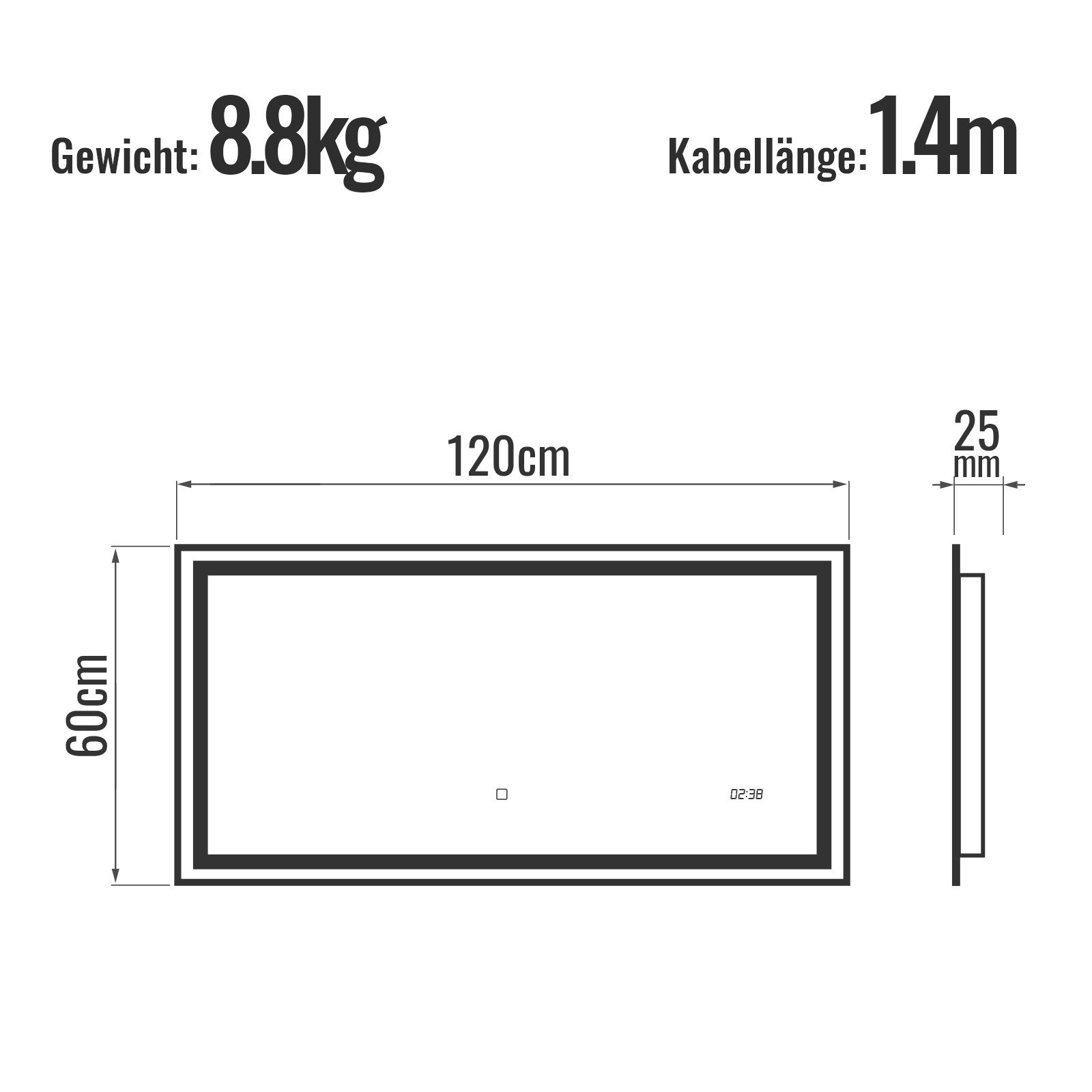 Aquamarin Badspiegel - Beschlagfrei, LED Energiesparend, cm 120 Dimmbar, 60 Badspiegel x 3000-7000K