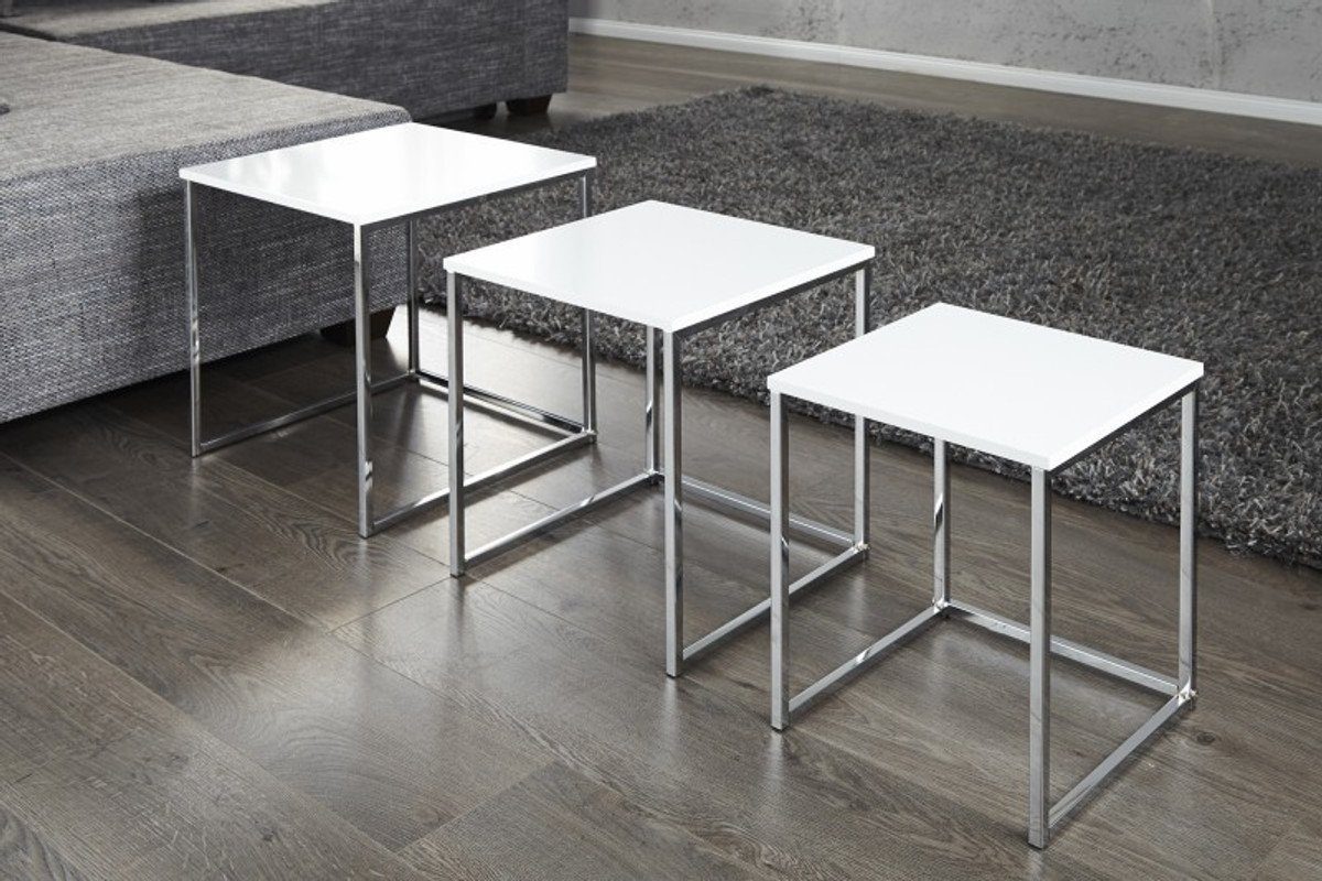 Casa Padrino Beistelltisch Weiß/Chrom Set - Tisch Set Beistelltische 3er Beistell