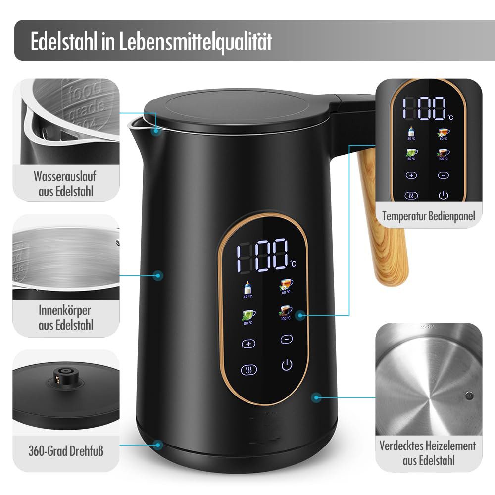 Minicloss Wasserkocher Edelstahl Wasserkocher 1,7 L mit Temperatureinstellung Temperaturwahl, 40-100°C I Temperatur Einstellbar Kessel I Warmhaltefunktion