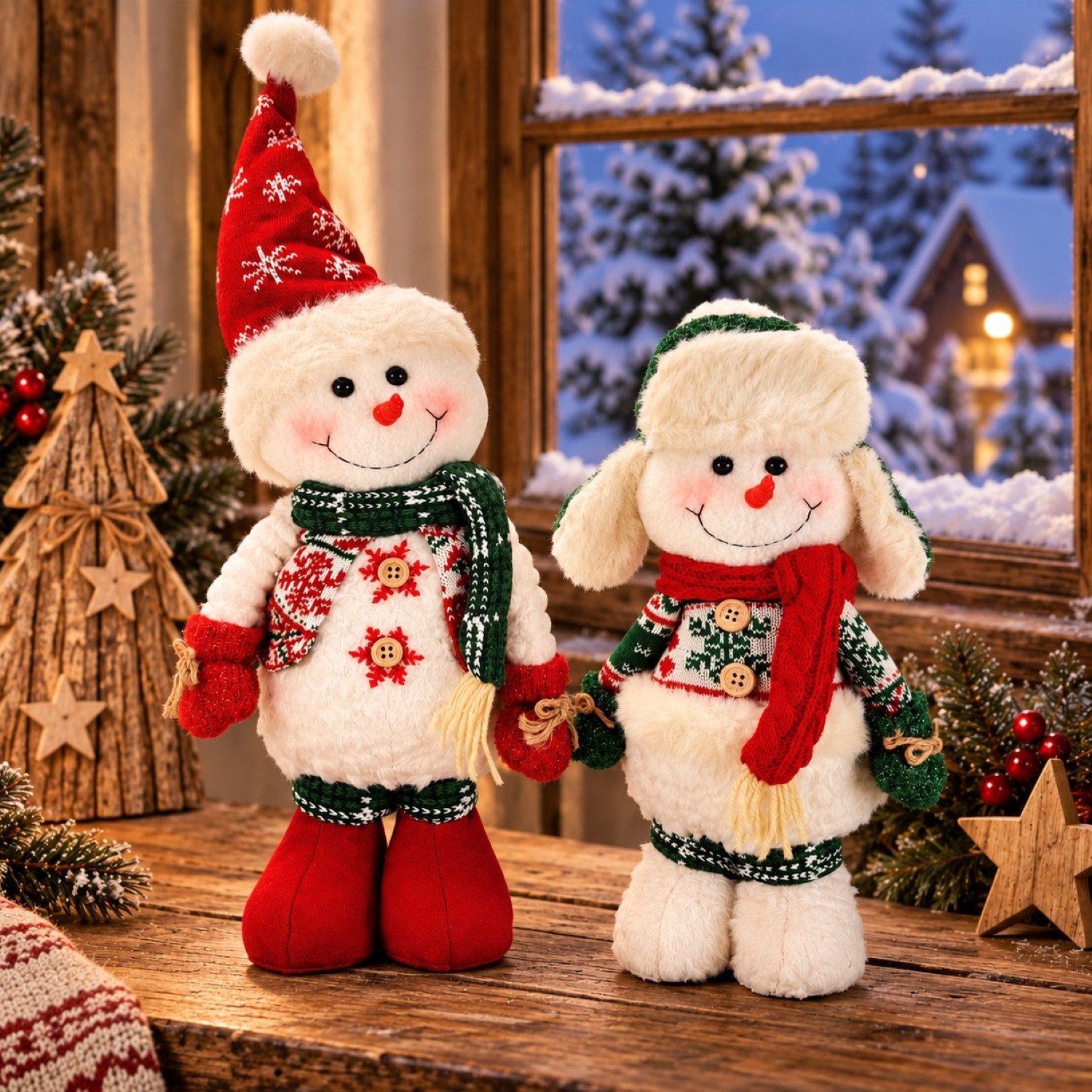 Online-Fuchs Dekofigur 2er Set Schneemann im Glitzerdesign, Wichtel - Winter & Weihnachtsdeko (in weihnachtlichen Farbtönen, mit Mohrrüben Nase), mit Glitzer verzierte Handschuhe und Mützen - W16