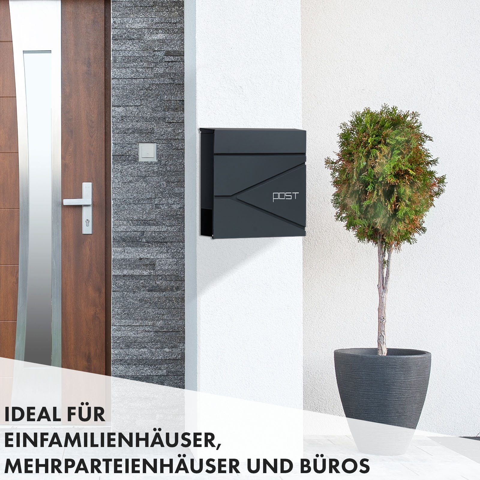 Floordirekt Briefkasten Armand – Wetterfester Stahlbriefkasten mit C4-Einwurf und Zeitungsfach, abschließbar mit 2 Schlüsseln & mit Montagematerial, 37×37×10,5 cm