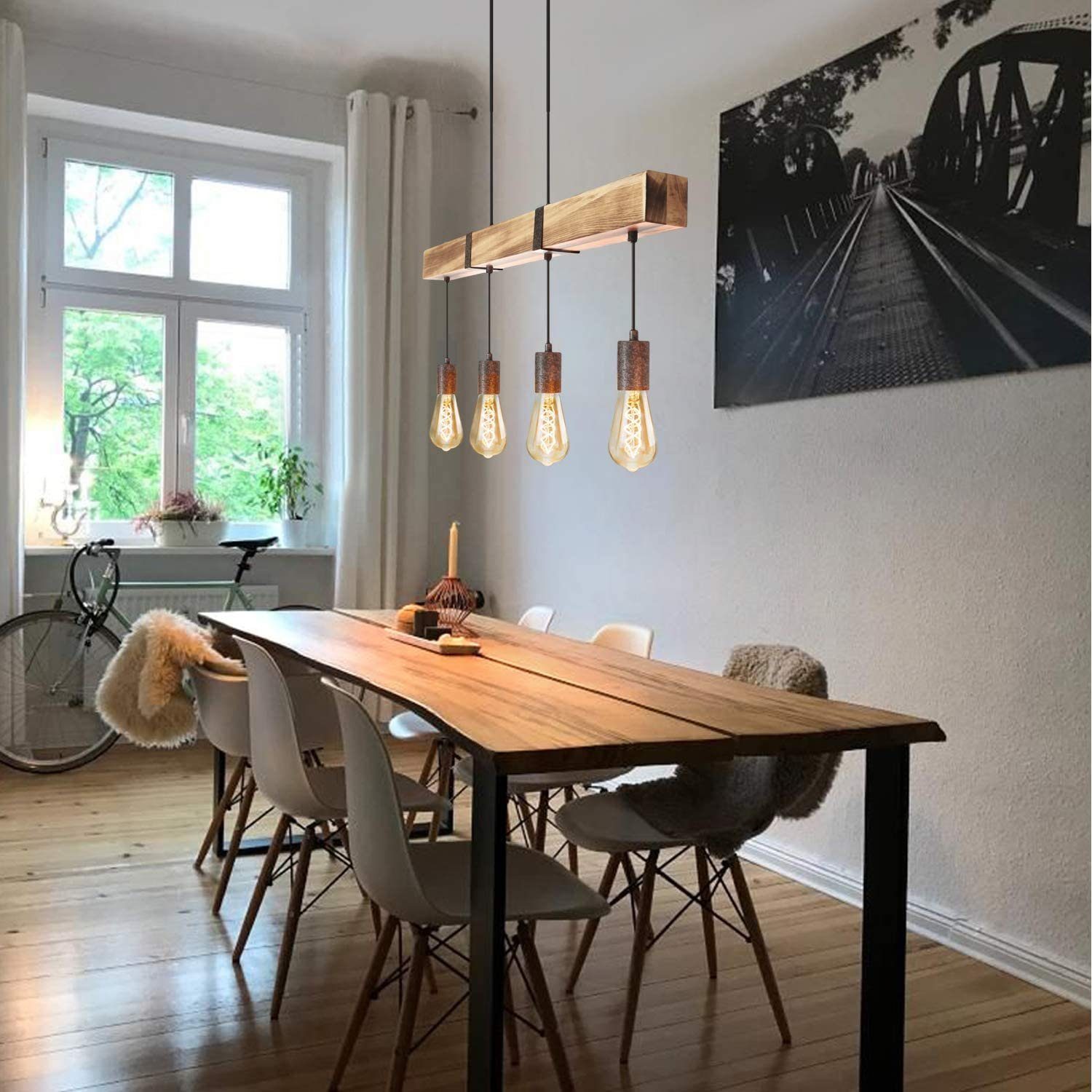 ZMH Pendelleuchte Holz Retro E27 Höhenverstellbar Industrial Esszimmer Küche Wohnzimmer, ohne Leuchtmittel