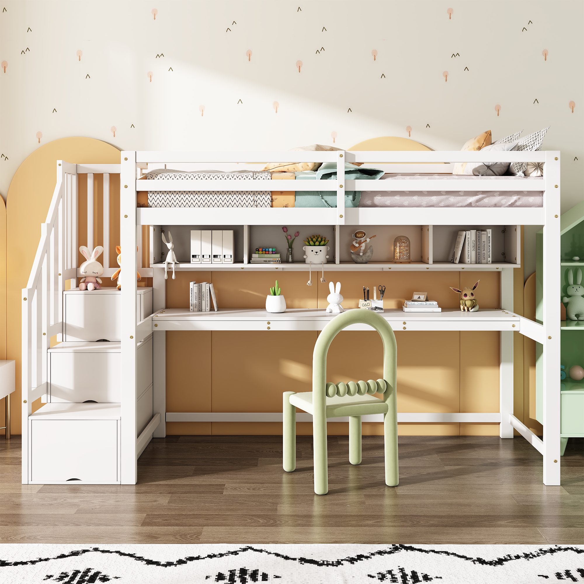 REDOM Kinderbett Jugendbett Holzbett Einzelbett (90x200 cm mit Treppe & Schreibtisch, Etagenbett mit Stauraum aus Massivholz + MDF, für Kinderzimmer & Jugendzimmer, für Schüler & Kinder), ohne Matratze