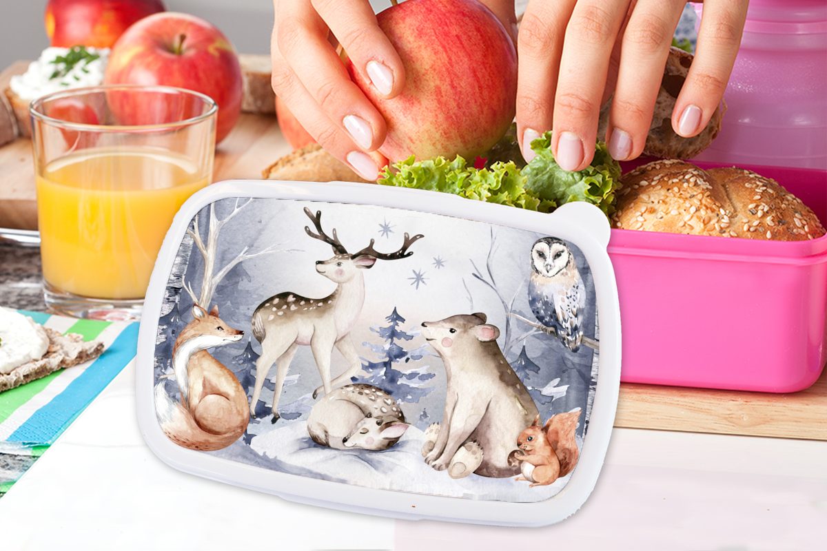 MuchoWow Lunchbox Winter Tiere rosa Erwachsene, Mädchen, Kunststoff Snackbox, Brotdose - Kinder, (2-tlg), für - Schnee, Kunststoff, Brotbox