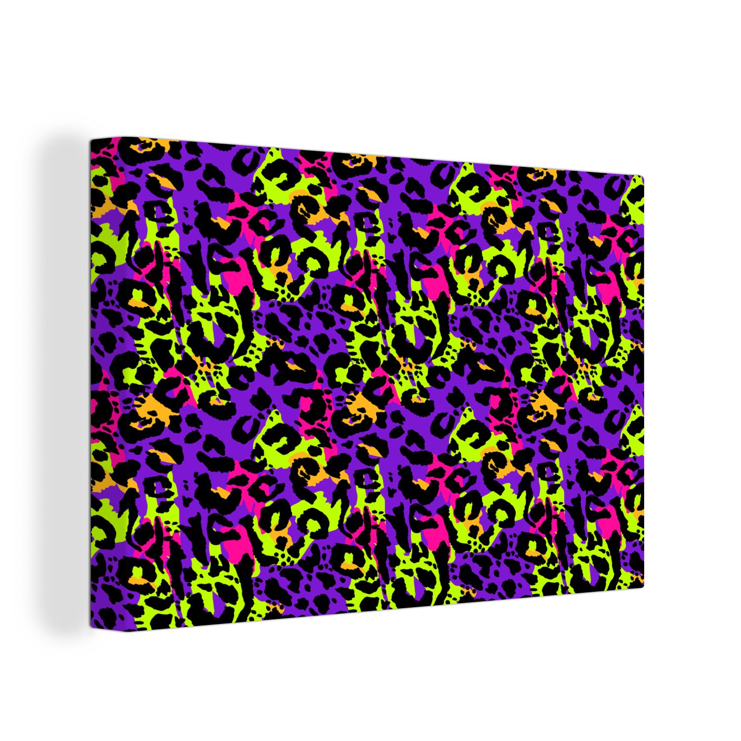 OneMillionCanvasses® Leinwandbild Pantherdruck - Neon - Lila - Gelb, (1 St), Wandbild Leinwandbilder, Aufhängefertig, Wanddeko, 30x20 cm