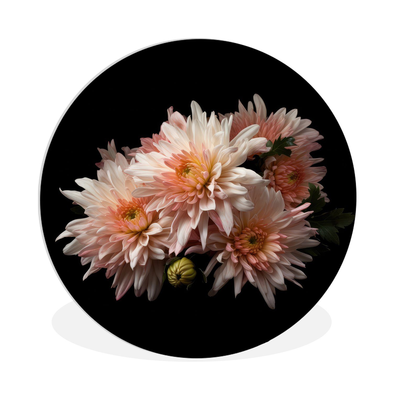 MuchoWow Gemälde Chrysantheme - Blumen - Weiß - Natur - Schwarz, (1 St), Kreis Wanddekoration Forex, Rundes Wandbild, Wohnzimmer, 30x30 cm