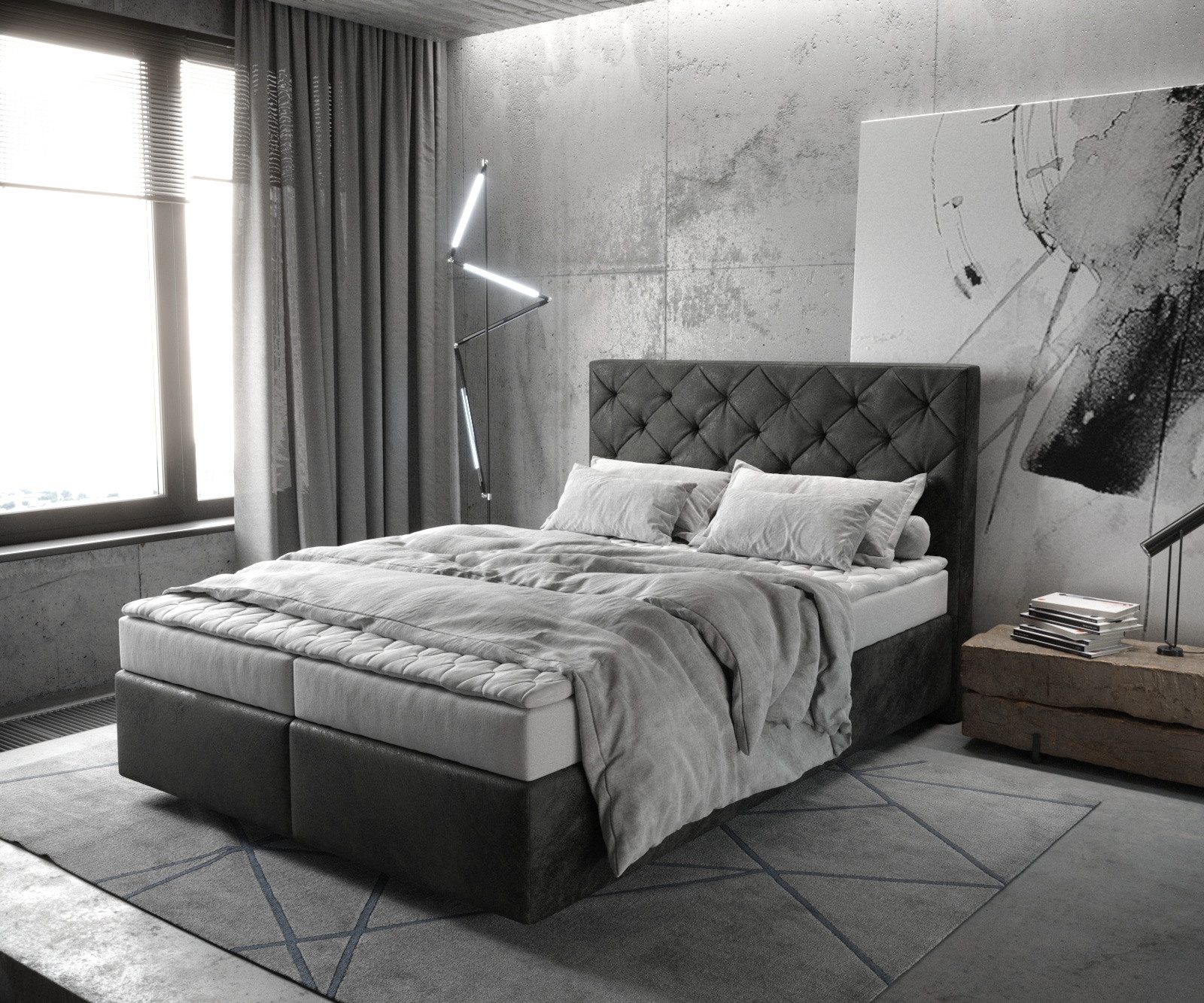 DELIFE Boxspringbett Dream-Great, Mikrofaser Anthrazit Vintage 140x200 cm mit Matratze und Topper