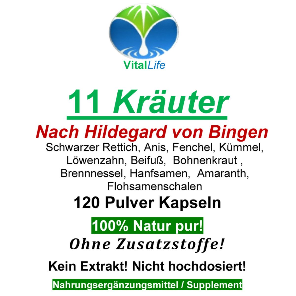 VitalLife LEBER KOMPLEX TOP 11 Kräuter "BITTERSTOFFE" nach Hildegard von Bingen Kapseln, 1 er Dose à 120 St., 60 g, Art. 26321