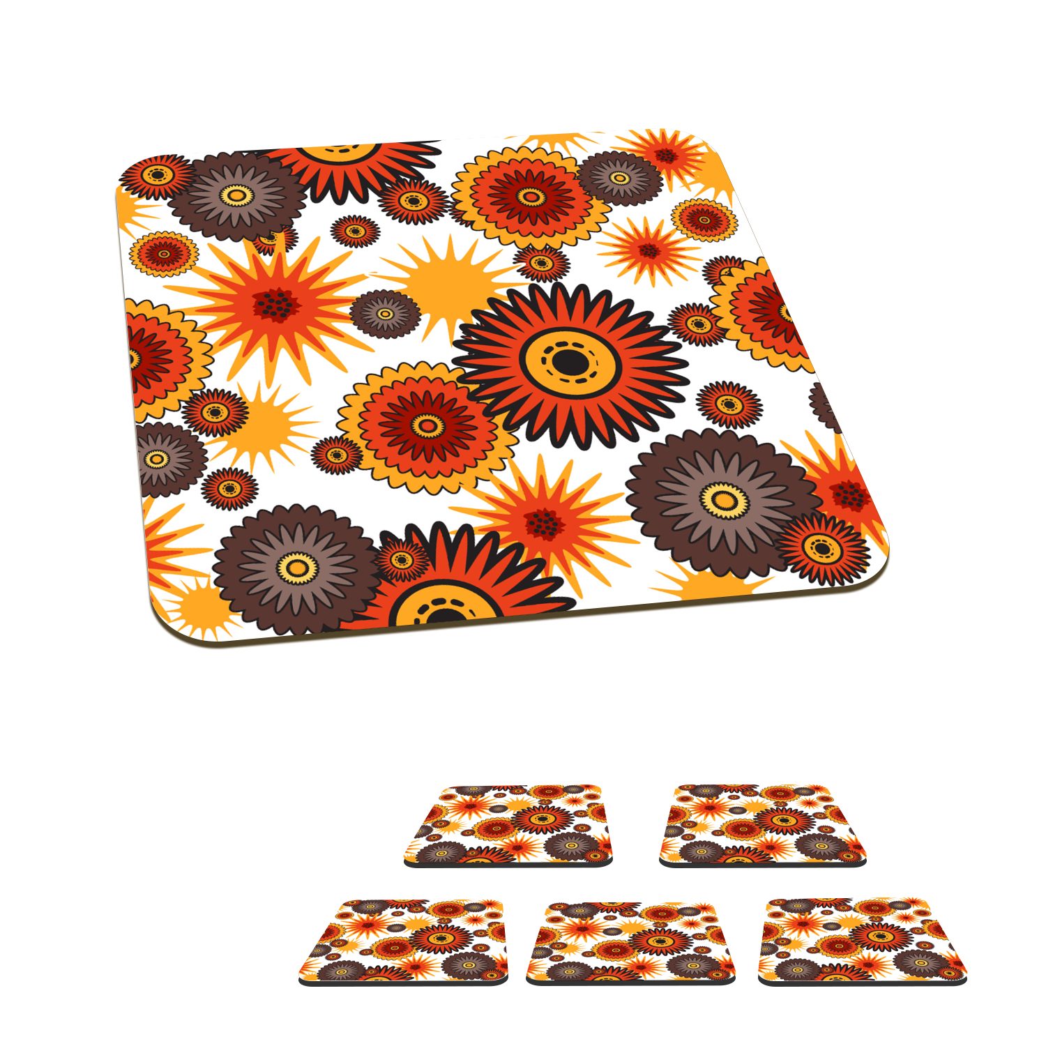 MuchoWow Glasuntersetzer Design - Retro - Orange - Blumen, Zubehör für Gläser, 6-tlg., Glasuntersetzer, Tischuntersetzer, Korkuntersetzer, Untersetzer, Tasse