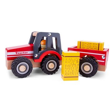 New Classic Toys® Spielzeug-Traktor Traktor aus Holz mit Anhänger und Heuballen Kinderspielzeug