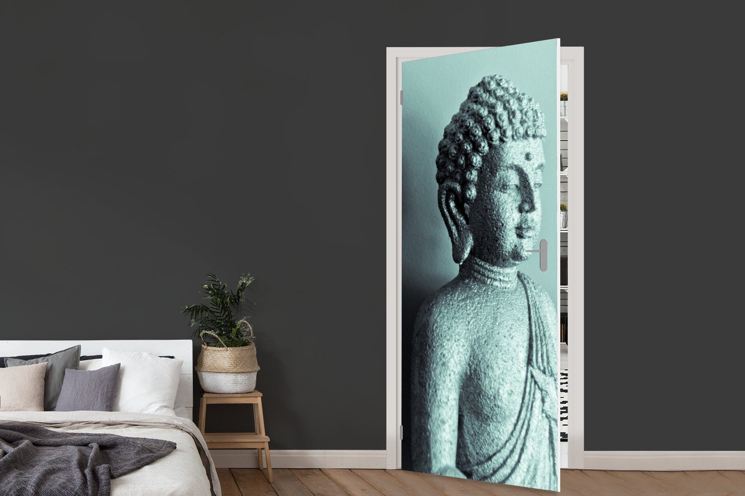 Bild (1 bedruckt, Matt, MuchoWow Fototapete Türaufkleber, St), Türtapete Buddha 75x205 Fotodruck, cm blau Tür, für