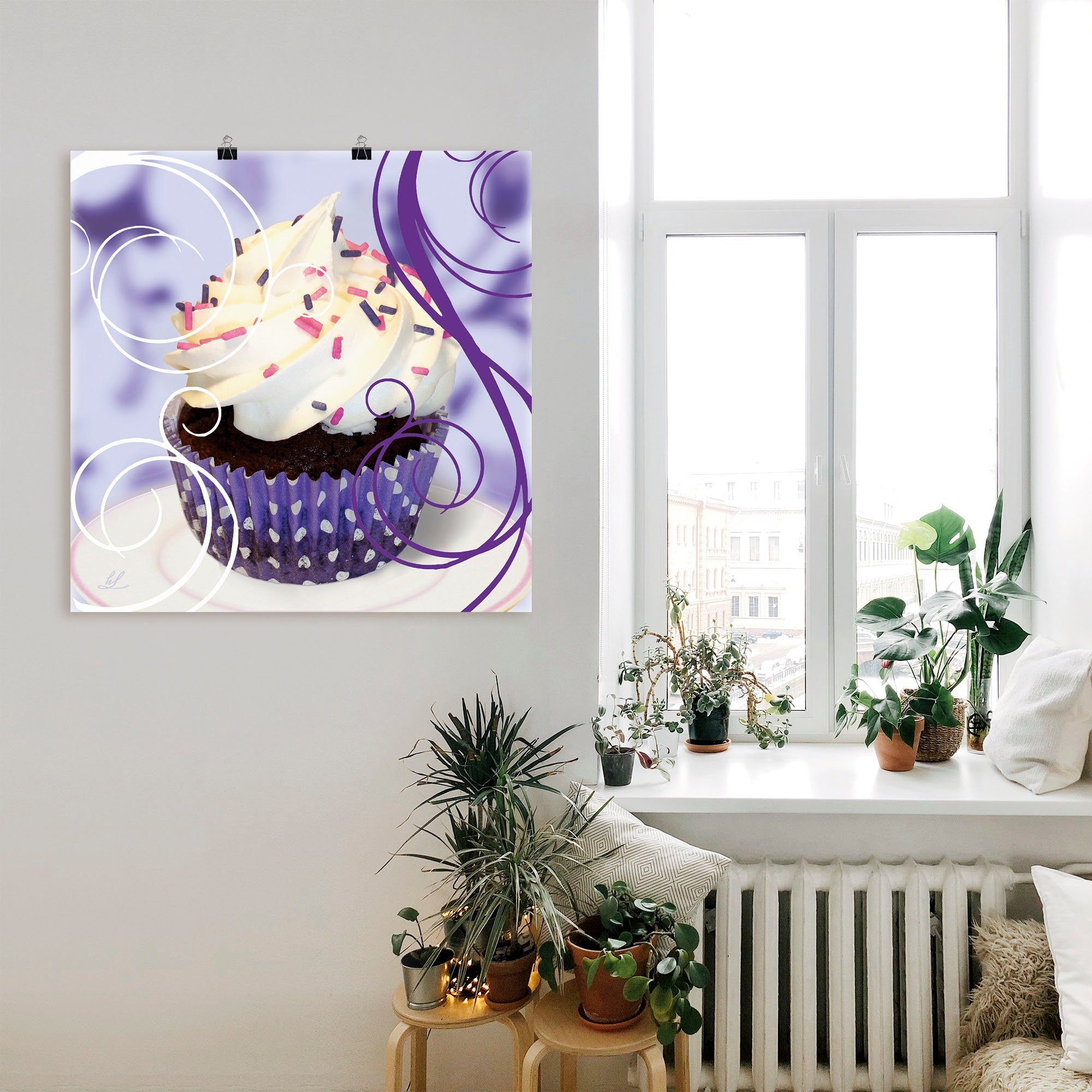 Artland Wandbild Cupcake auf violett Süßspeisen oder (1 Leinwandbild, Kuchen, Wandaufkleber Alubild, Poster in - als Größen St), versch
