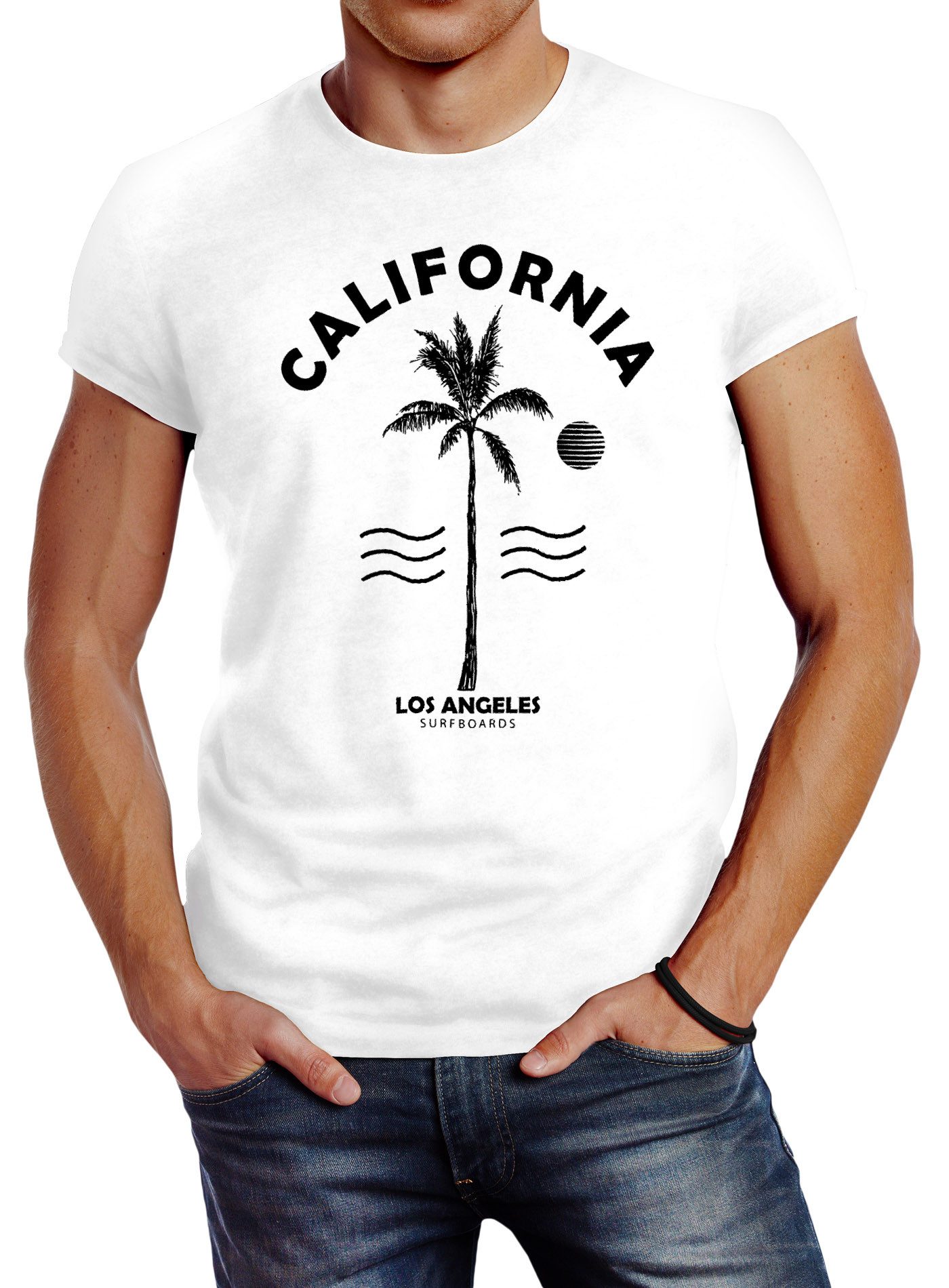 Neverless Print-Shirt Sommer T-Shirt Herren Retro Design Palme Meer Sonne Neverless® mit Print