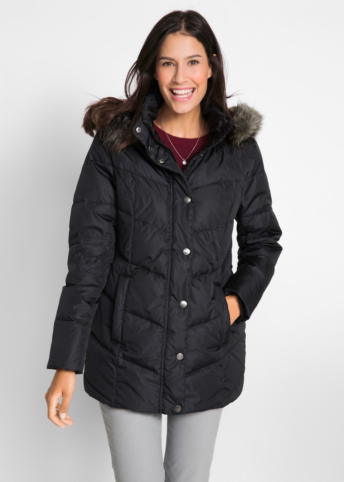 bonprix Steppjacke 2-Wege-Zipper, mit abnehmbarer Kapuze mit Fellimitat
