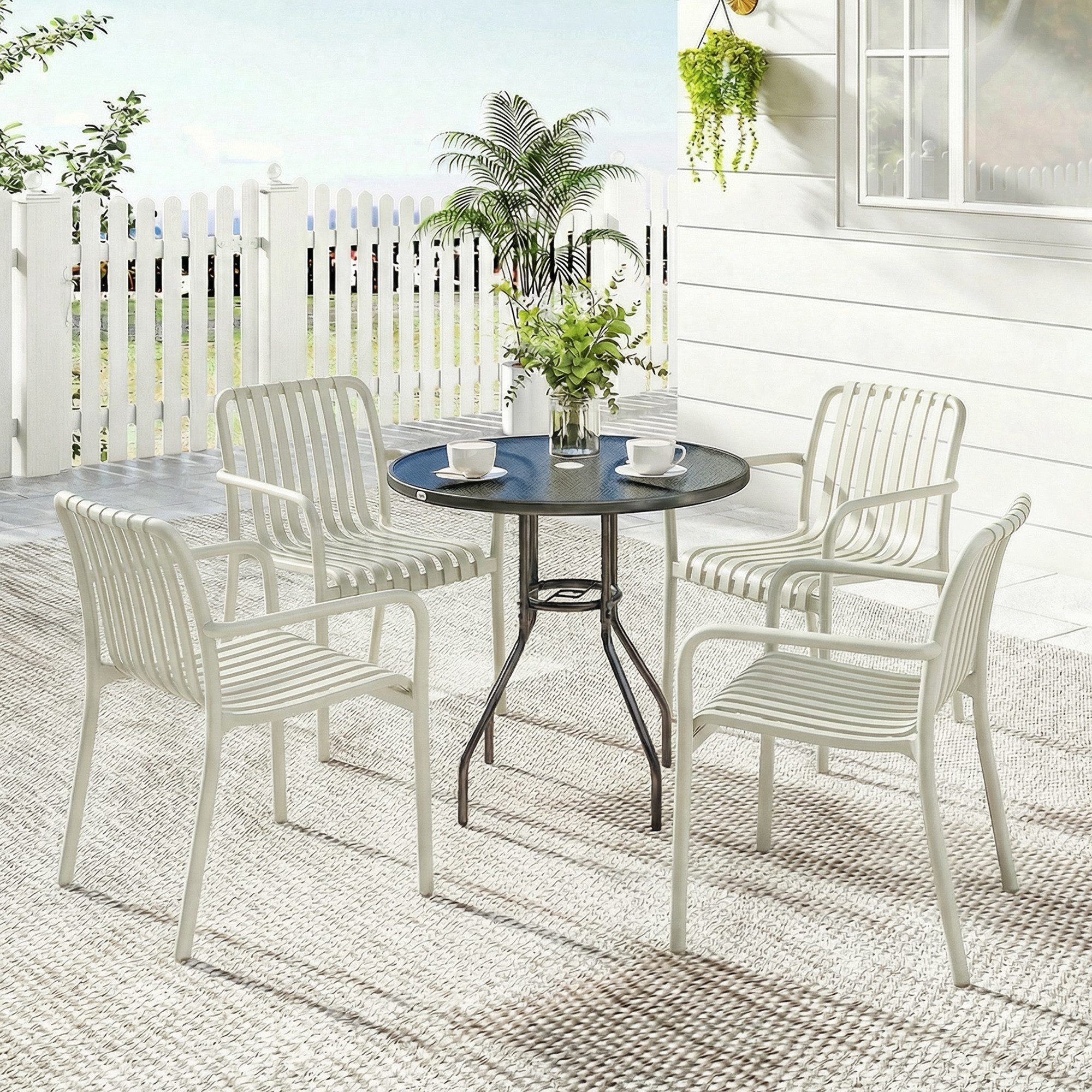 OKWISH Gartenstuhl Terrassenstuhl Set 4er Stapelbar mit Armlehnen Cremeweiß (Stühle für Balkon Garten und Terrasse im modernen Stil, 4 St), Outdoor Sitzmöbel mit Lamelldesign und ergonomischer Form