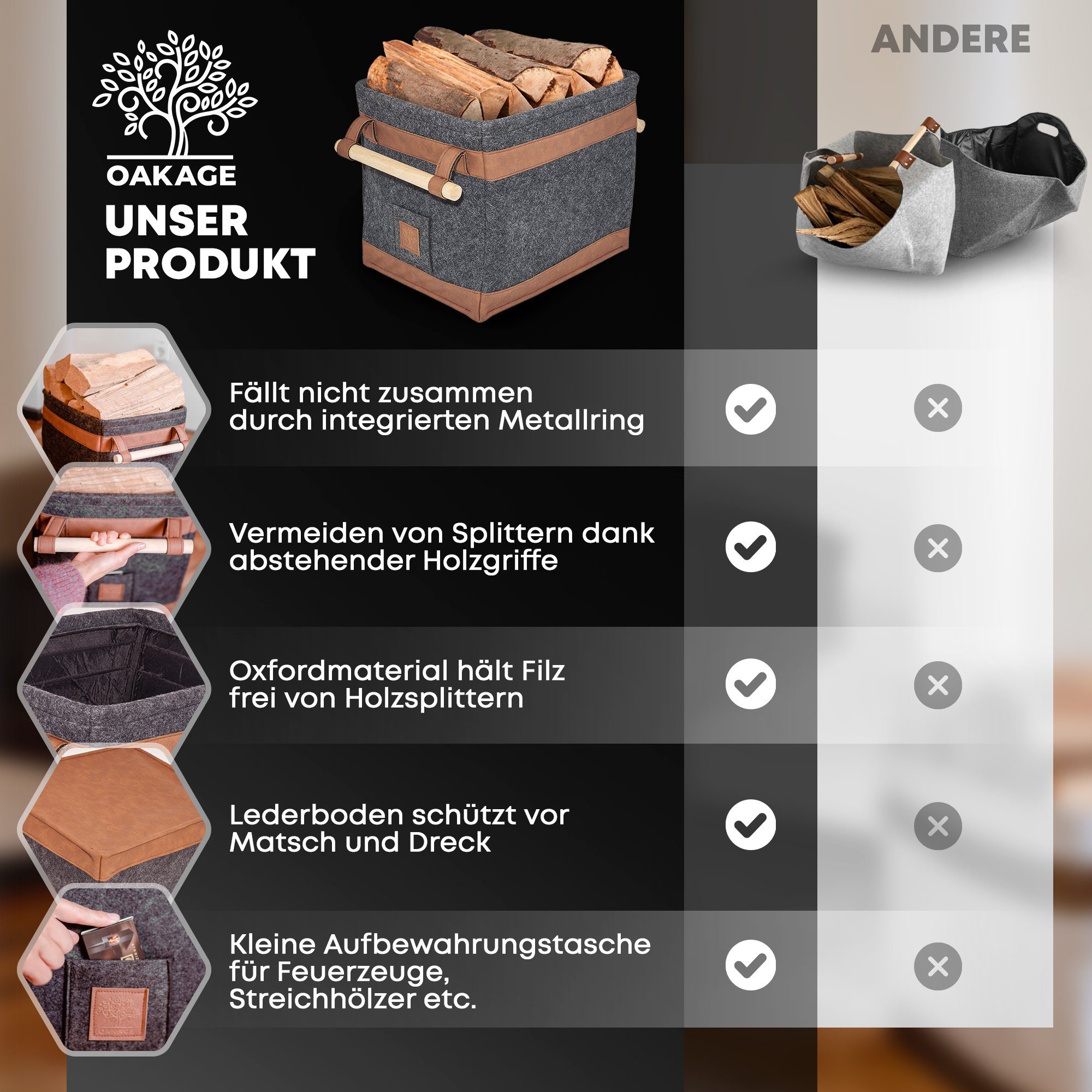OAKAGE Kaminholzkorb Holzkorb für Kaminholz Feuerholzkorb Brennholzkorb Kam günstig online kaufen