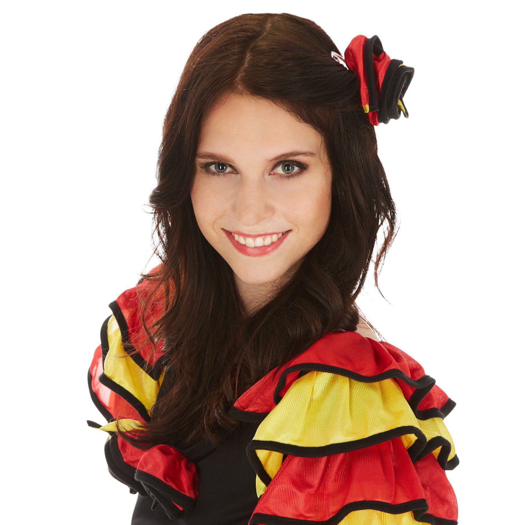 dressforfun Kostüm Revuedame/Bühnentänzerin, in rot, Konfektionsgröße M, Langes Kleid, Flamenco-Kostüm, Rüschen am Rocksaum, Schöner Haarkamm mit Blume
