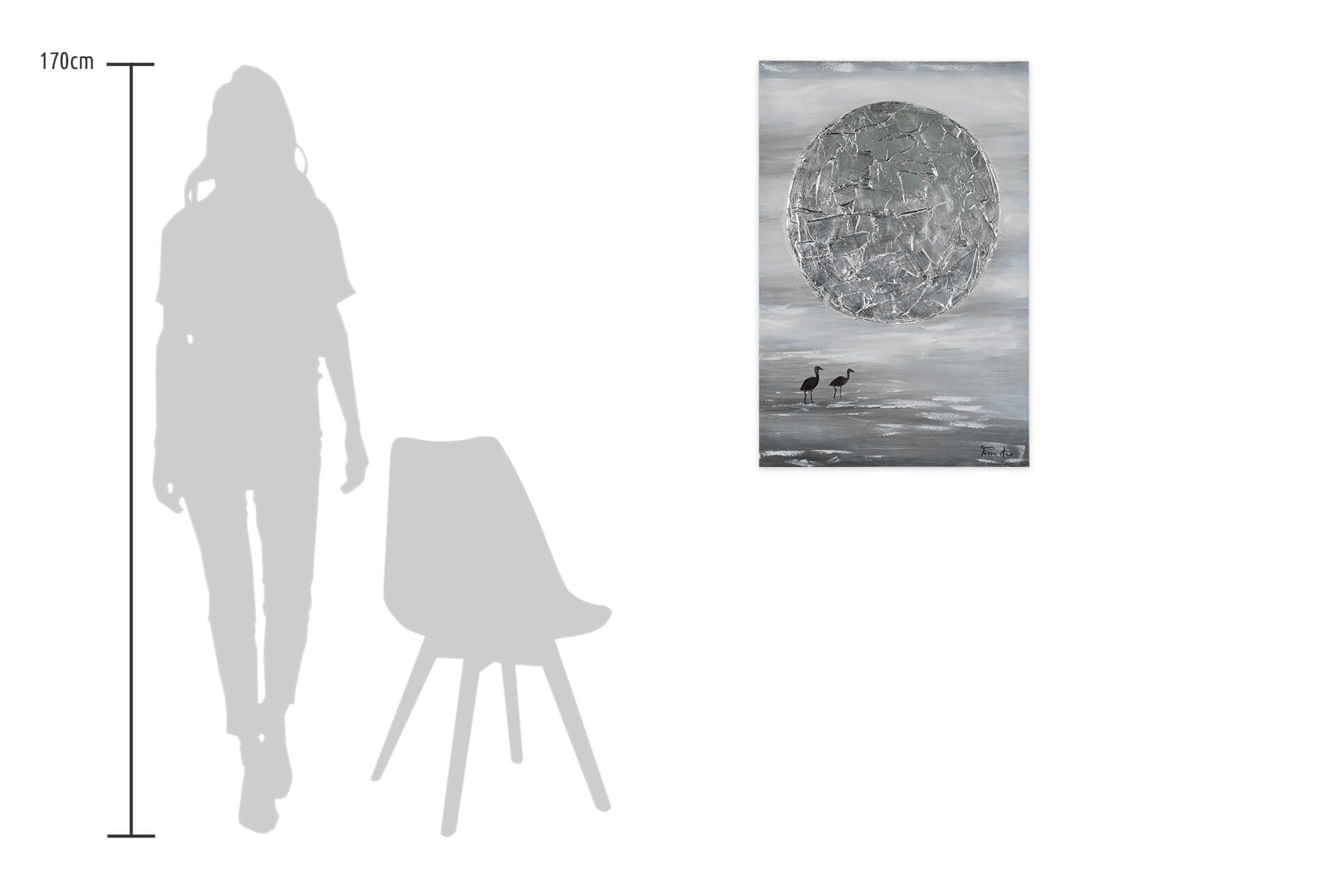 KUNSTLOFT Gemälde Wandbild Wohnzimmer Moon 60x90 cm, Leinwandbild Silver HANDGEMALT 100