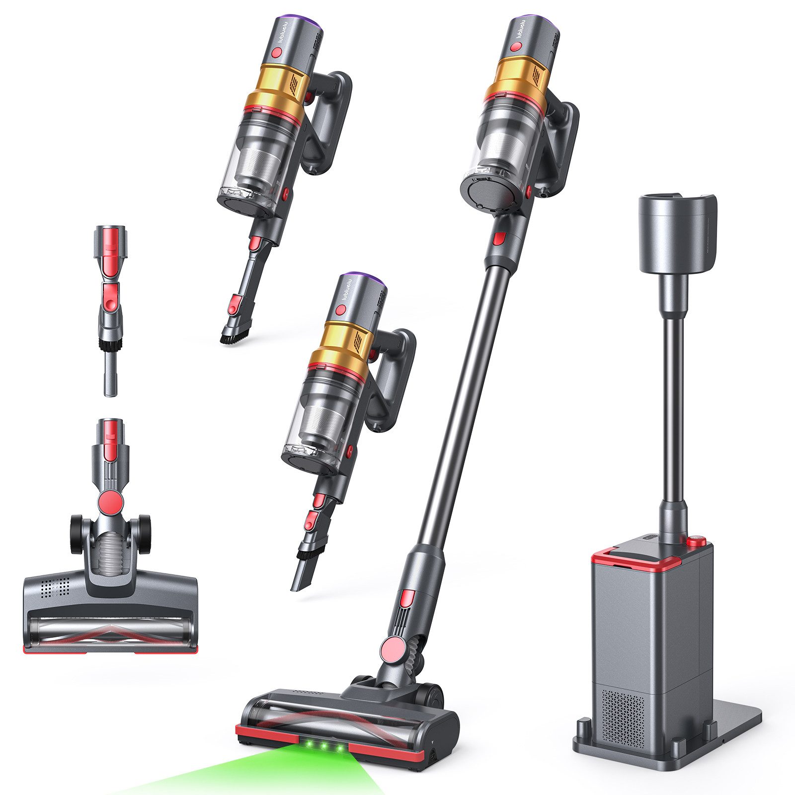 lubluelu Akku-Hand-und Stielstaubsauger X1000 Kabelloser Akku Staubsauger mit 2,5L Absaugstation 27kPA, 400 W, mit Beutel, Anti-Tangle-Bodenbürste / mit Auto Empty Funktion und Duftbox