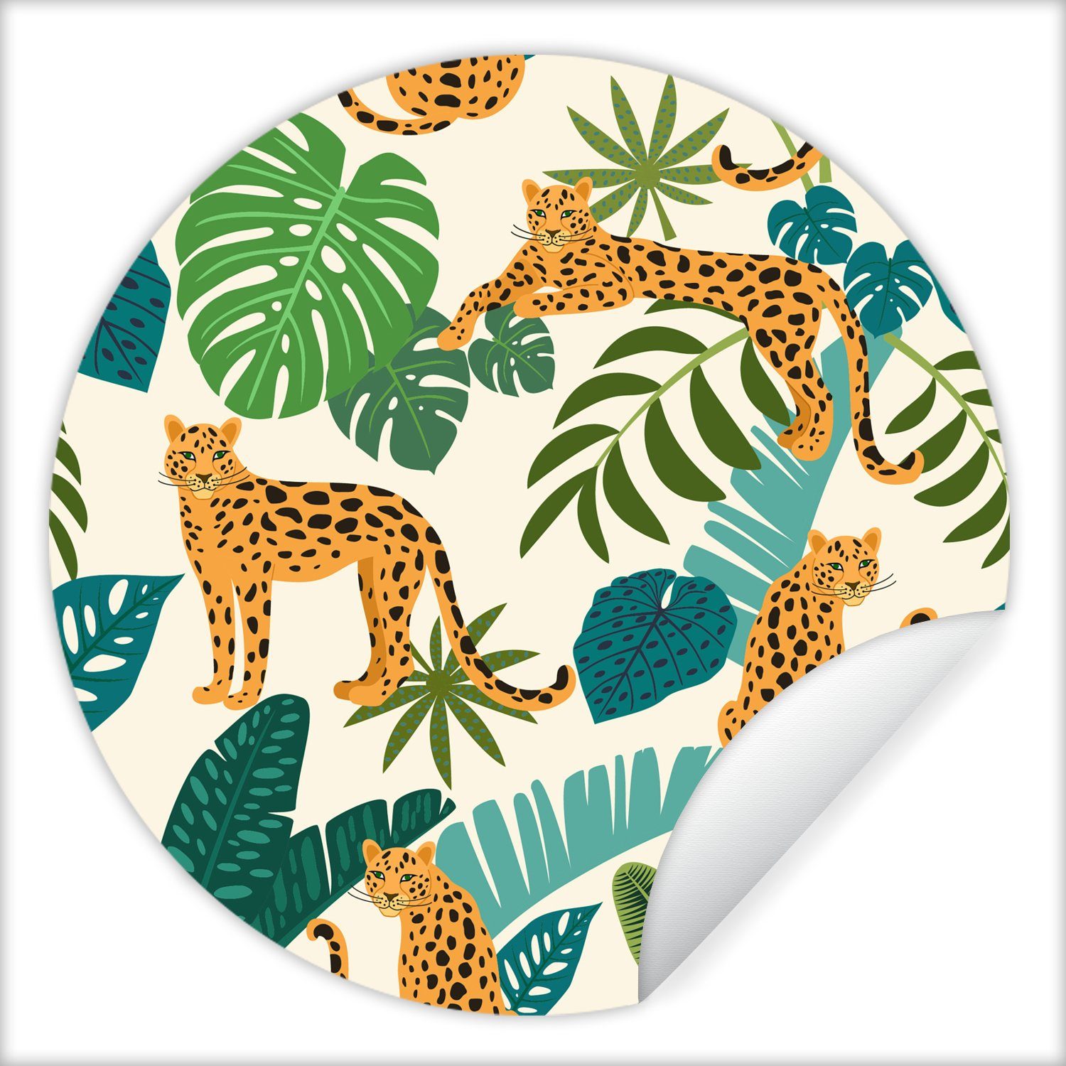 MuchoWow Wandsticker Dschungel - Leopard - Pflanzen - Muster - Mädchen - Jungen (1 St), Tapetenkreis für Kinderzimmer, Tapetenaufkleber, Rund, Wohnzimmer