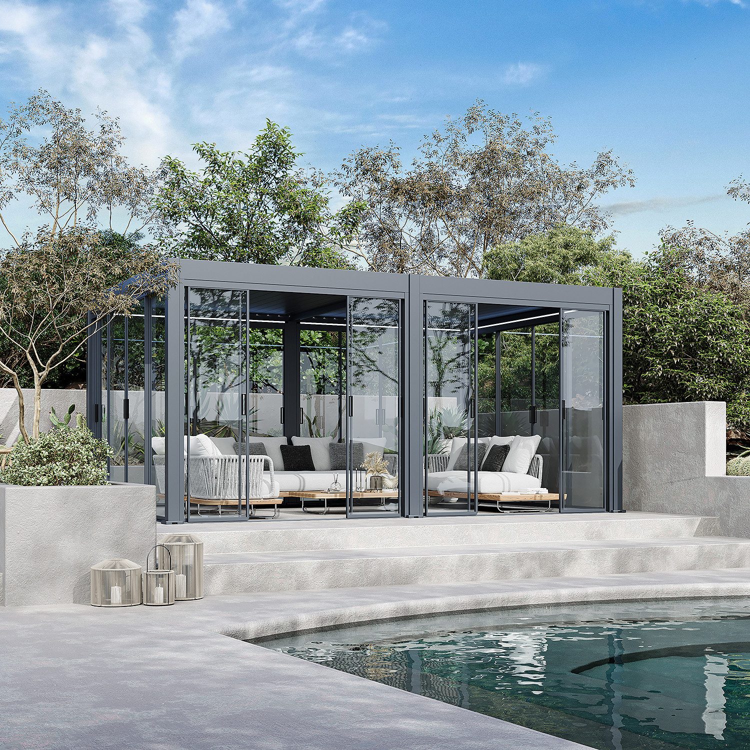 Weide Pavillonseitenteil Glasschiebetür für Pergola Slim Frame Aluminium Anthrazit, 265x235 cm, Seitenteil