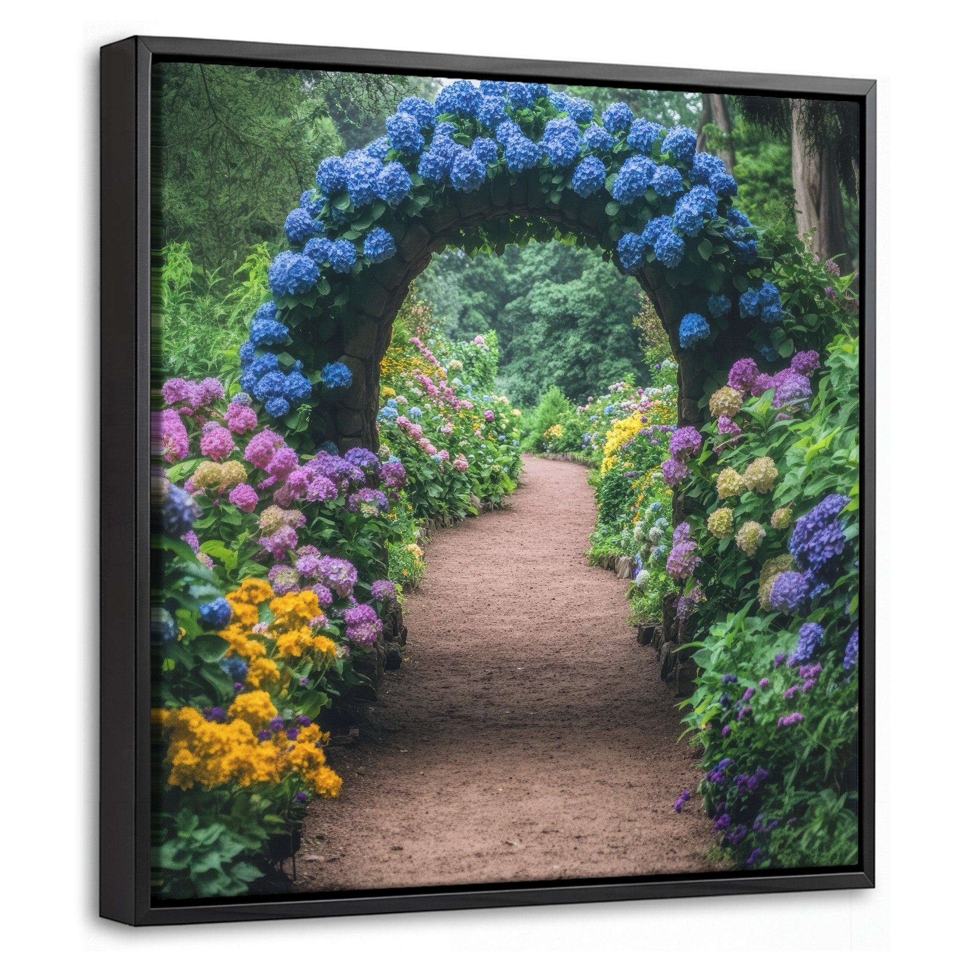 OneMillionCanvasses® Leinwandbild mit Rahmen - Transparente Ansicht - Blumen - Hortensie - Weg, Fotodruck (1 St), Leinwand Bilder Klein, Wand Dekoration Aesthetic 20x20cm