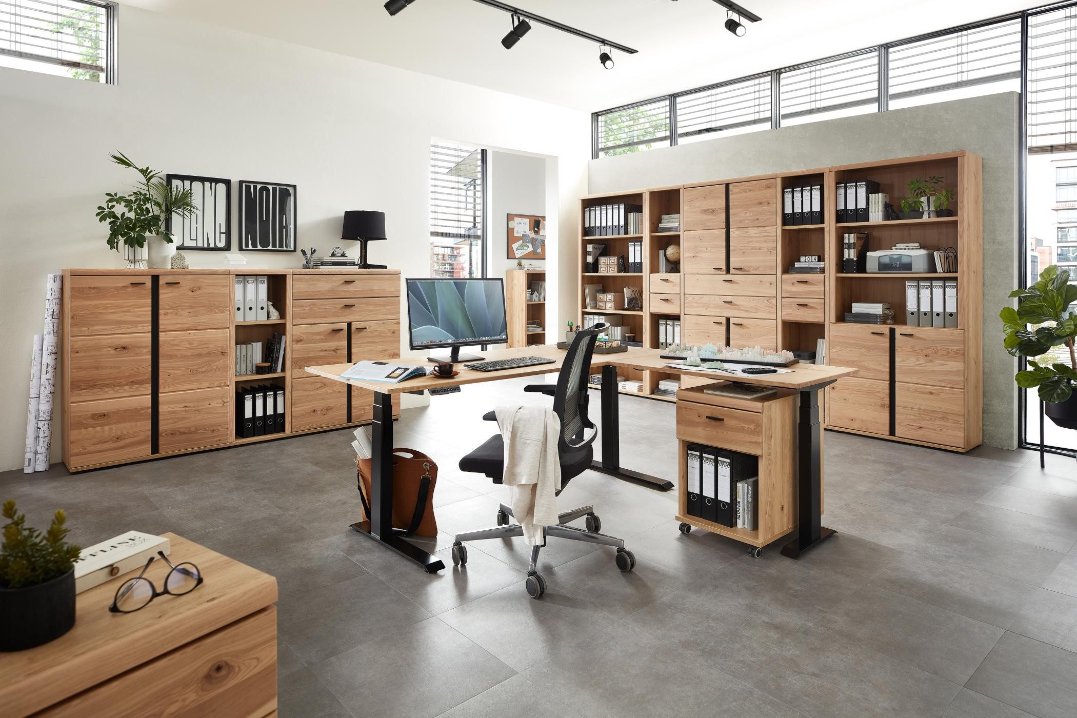 Innostyle Büromöbel-Set Komplettbüro SONOS II 10-teilig Front Altesche Massivholz gebürstet, (Komplett-Set, 10-tlg., 4x Schrank, 4x Regal, 1x Schreibtisch, 1x Rollcontainer)