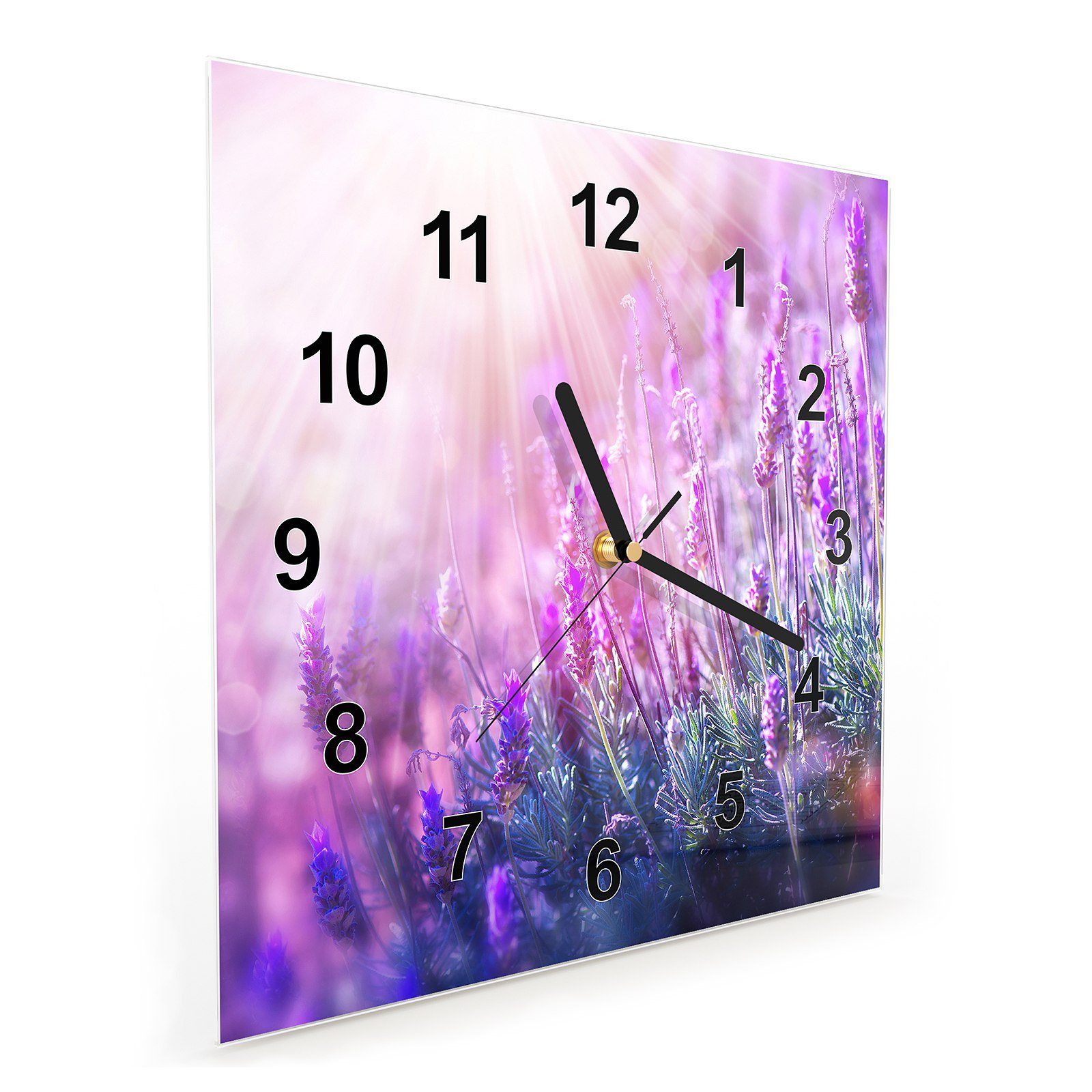 Wanduhr im 30 Wanduhr Glasuhr cm mit x Motiv Größe Wandkunst Sonnenlicht 30 Primedeco Lavendel