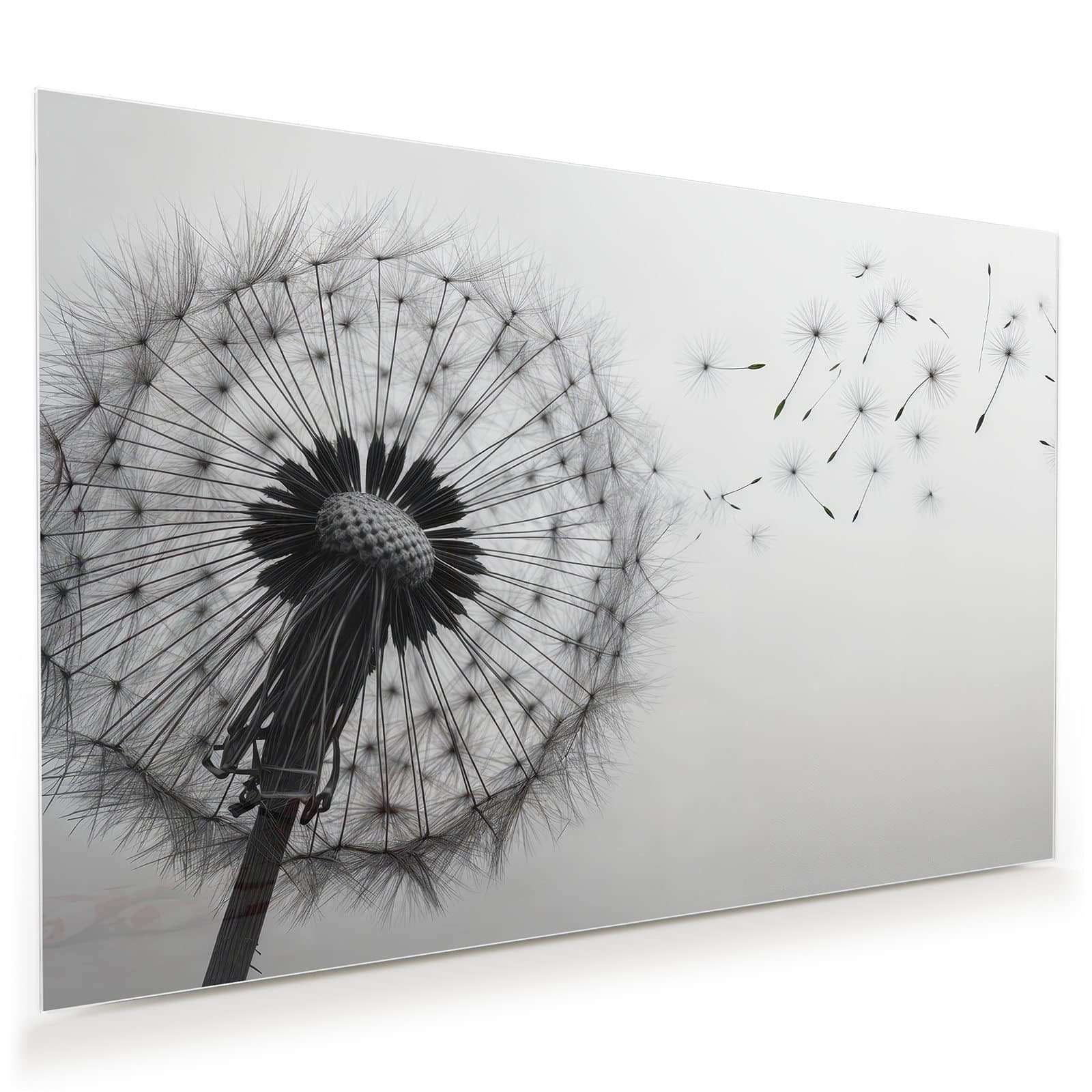 Glasbild Wandbild Pusteblume im Wind mit Aufhängung